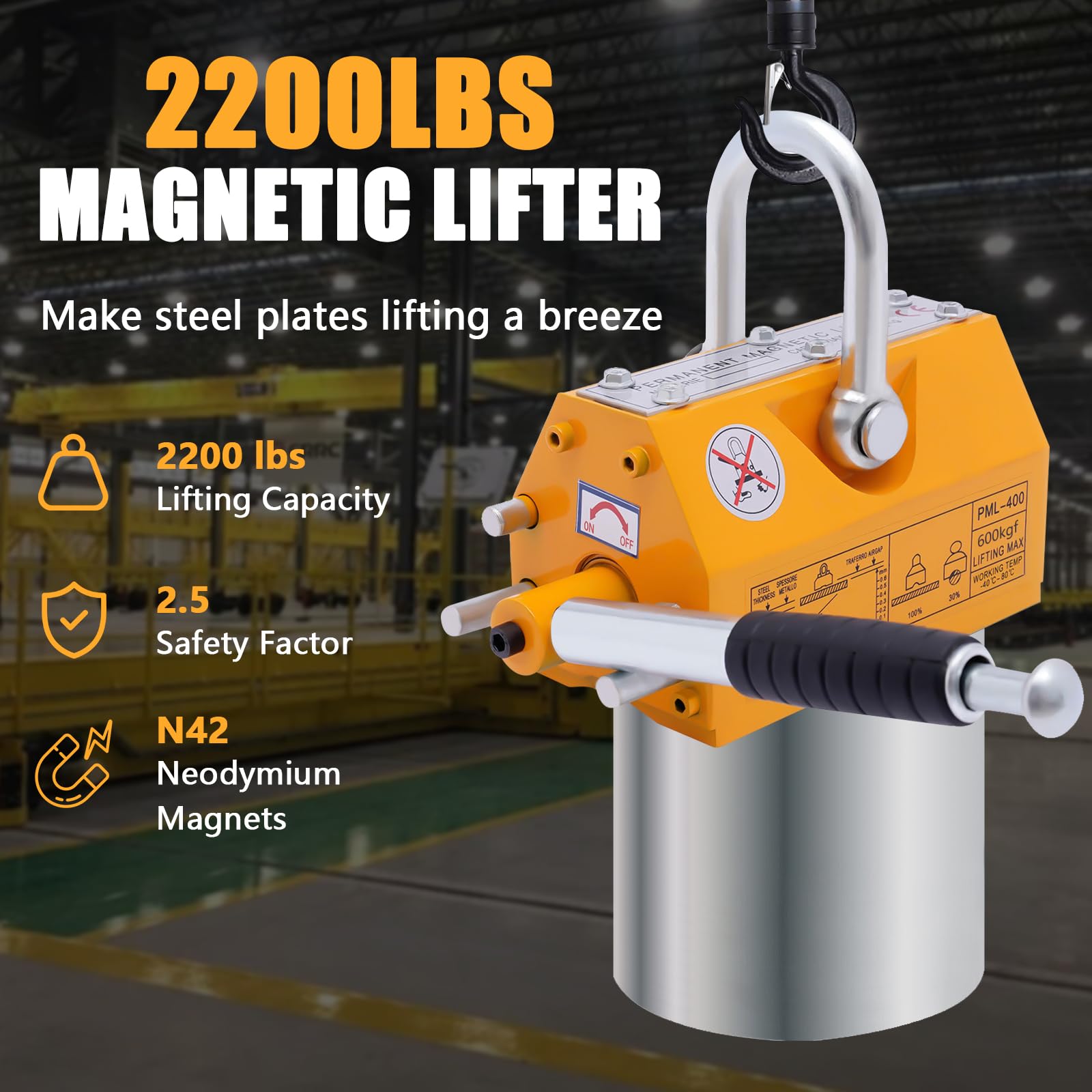 2200lbs/1000kg Heavy Duty Permanent Lifting Magnet - Industrial Strength Magnetic Lifter with Safety Release for Steel Plates & Metal Sheets - Perfect for Shop Cranes, Hoists, Warehouses & Construction Sites