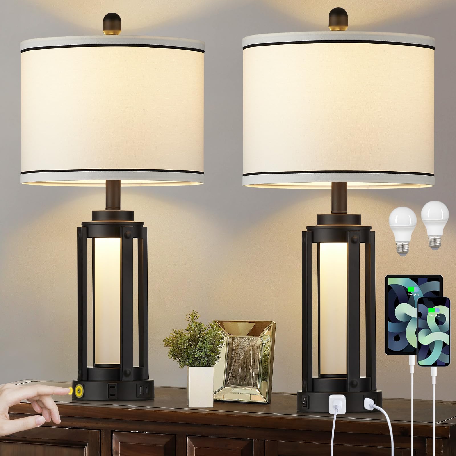 Modern Industrial Table Lamps Set of 2 with USB A+C Charging Ports & AC Outlet - Glass Night Light Bedside Lamps for Living Room, Bedroom, Office - Includes 4 Bulbs (White) - Perfect for Night Reading, Charging Devices & Home Decor