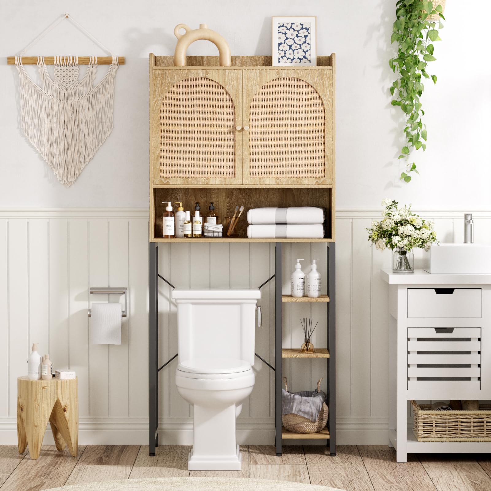 Rattan Over The Toilet Storage Cabinet with Adjustable Shelf - Bathroom Organizer with Large Space, Metal Stand & Natural Rattan Door - Tall Storage Shelves for Toilet Paper, Towels & Bath Essentials - Perfect for Small Bathrooms & Space-Saving Solutions