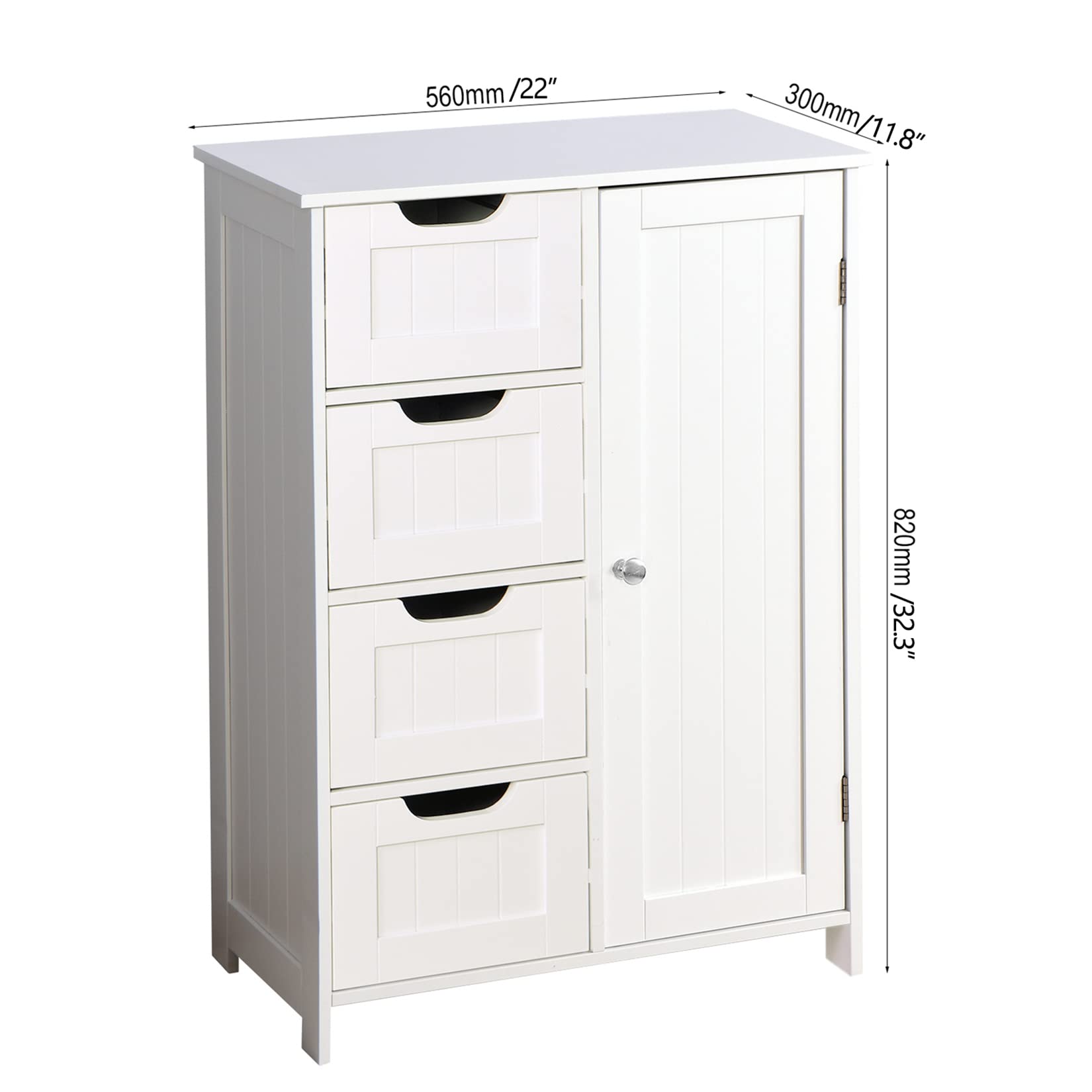 White Wooden Bathroom Storage Cabinet with 4 Drawers & Cupboard - Freestanding Floor Organizer for Entryway, Living Room & Bedroom - Bathroom Furniture & Home Decor Storage Solution