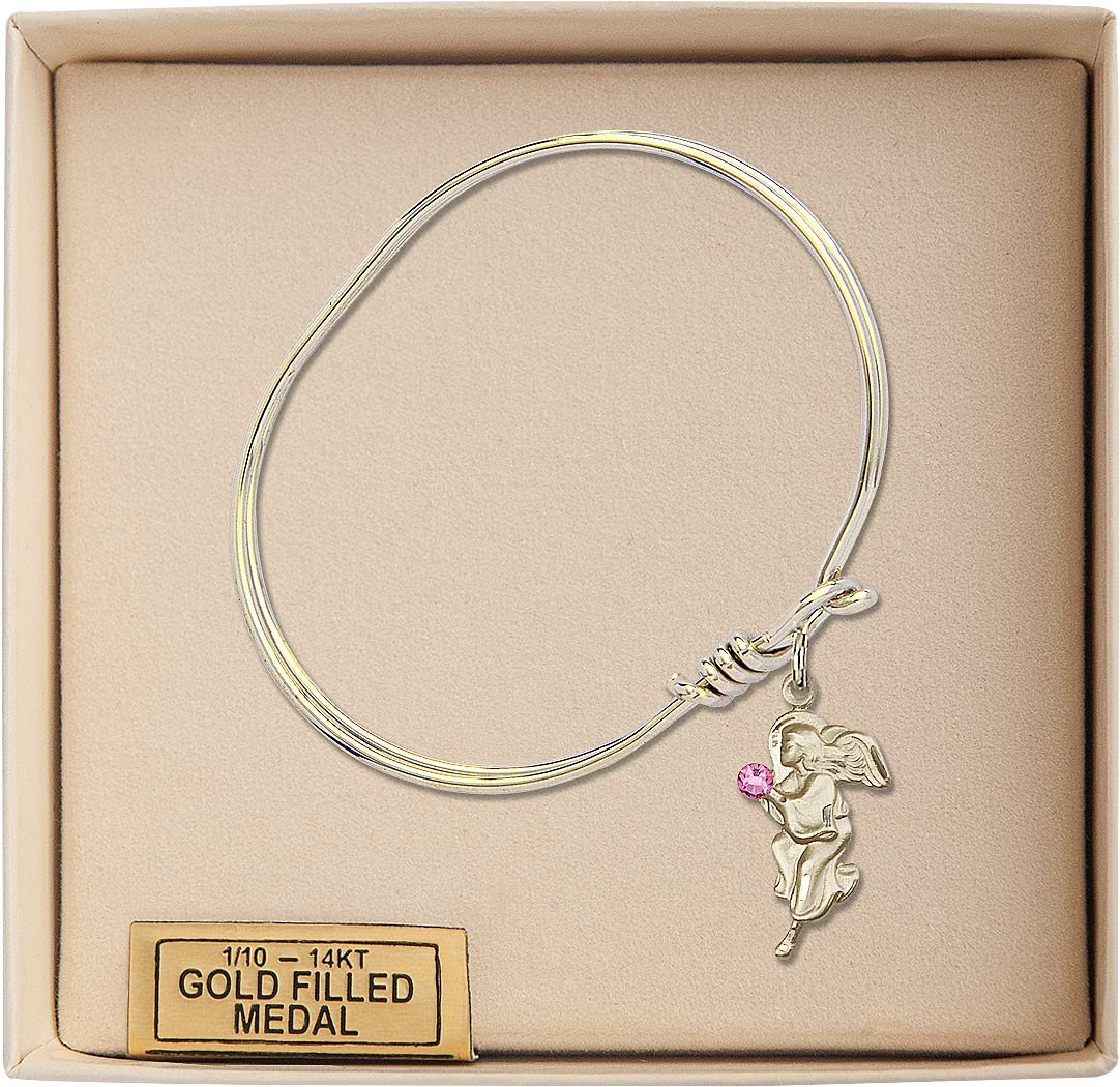 5 3/4 Inch Oval Eye Hook Bangle Bracelet with Guardian Angel Medal Charm & Rose Crystal - Elegant Jewelry for Women, Gift for Birthday, Anniversary, Christmas, and Everyday Wear