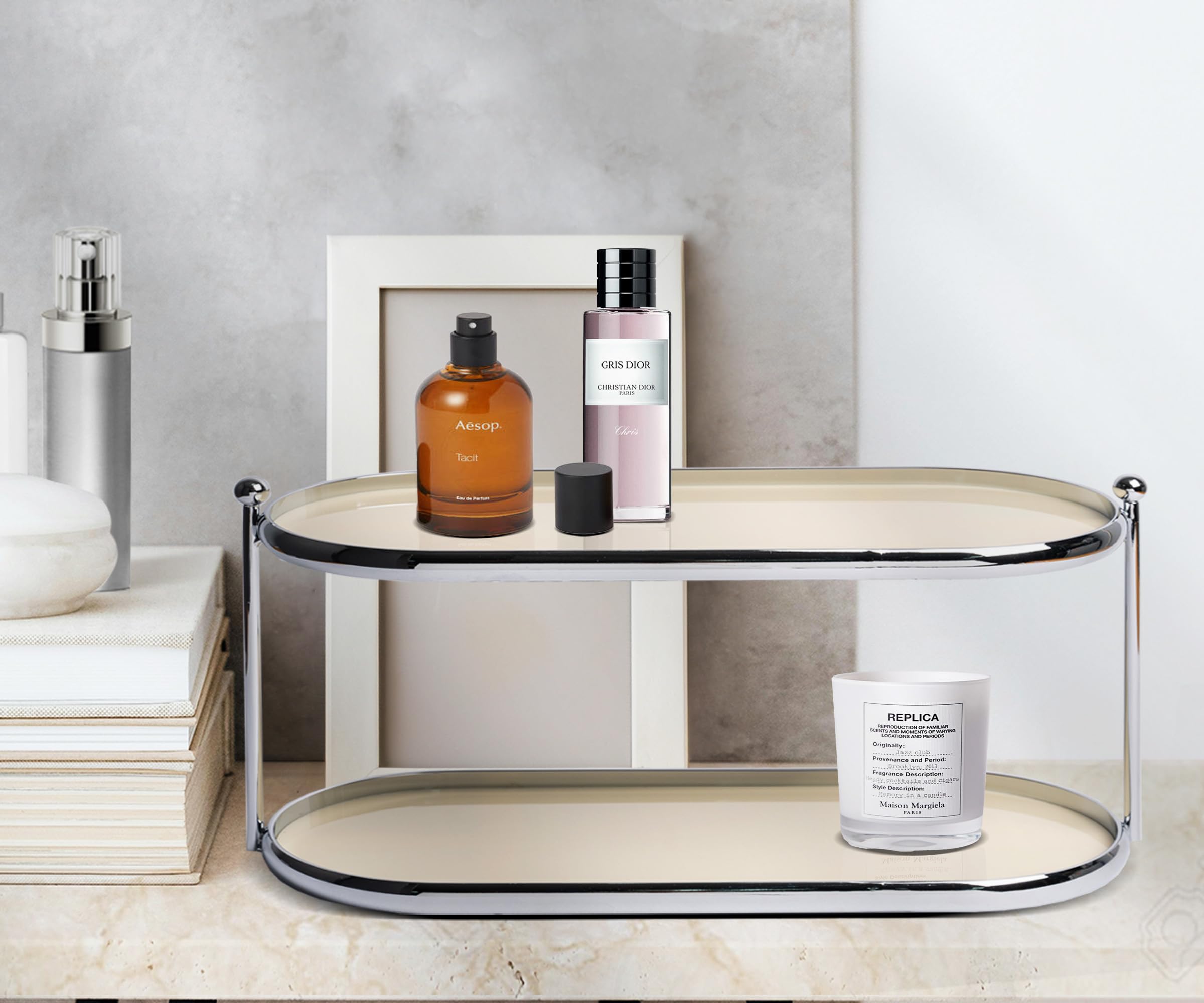 2 Tier Metal Frame Perfume Organizer - Elegant Minimalist Perfume Tray & Countertop Display Shelf for Skincare, Makeup, Jewelry - Perfect for Dresser, Vanity, Bathroom (Creamy White) | Home Decor & Beauty Storage Solution