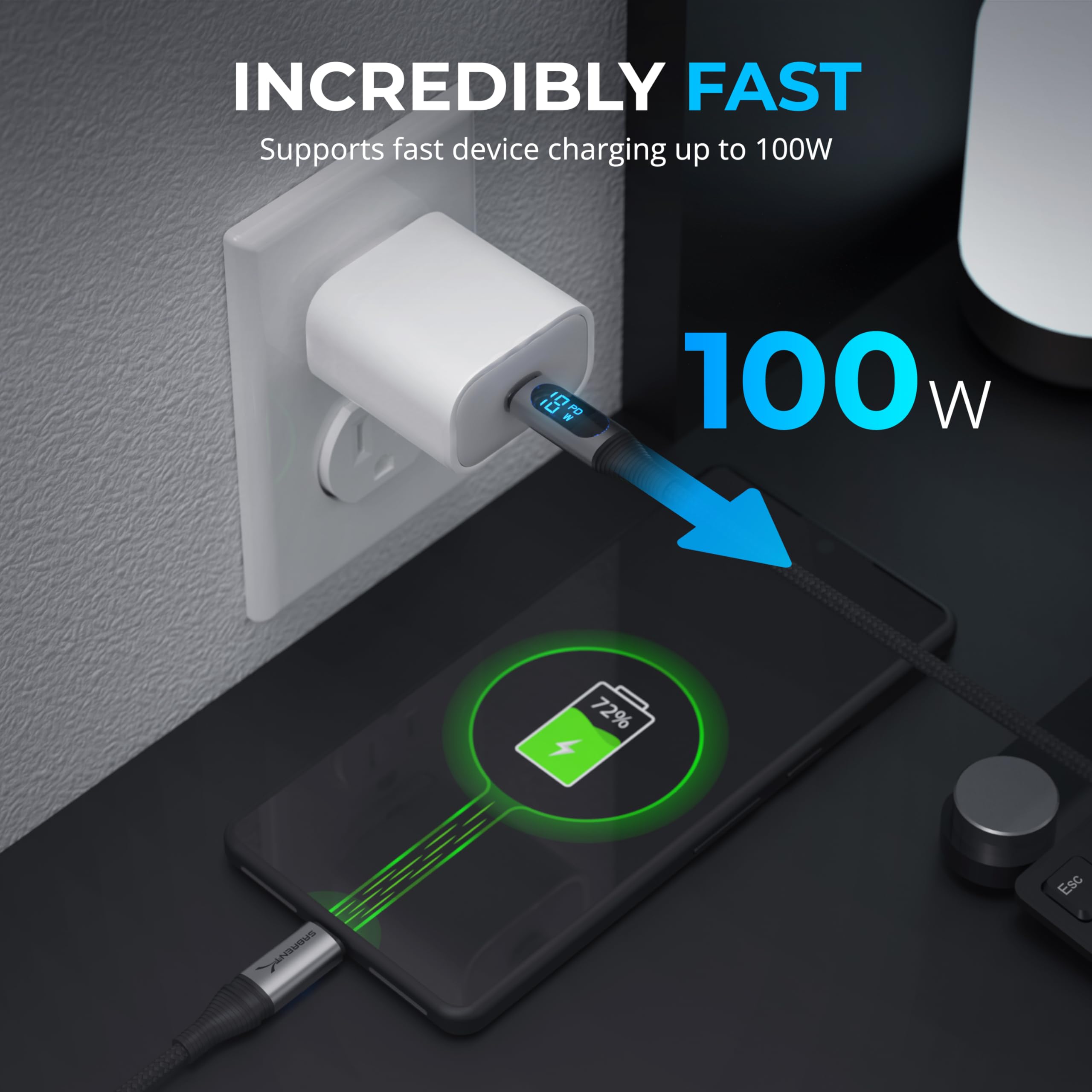 SABRENT USB C to USB C Cable 3.3FT with Smart Display - 100W Fast Charging, 480Mbps Data Transfer, E-Marker Chip - Compatible with MacBook Pro, iPad Pro, Galaxy S23, Pixel 7 - Perfect for Home, Office & Travel Charging Needs