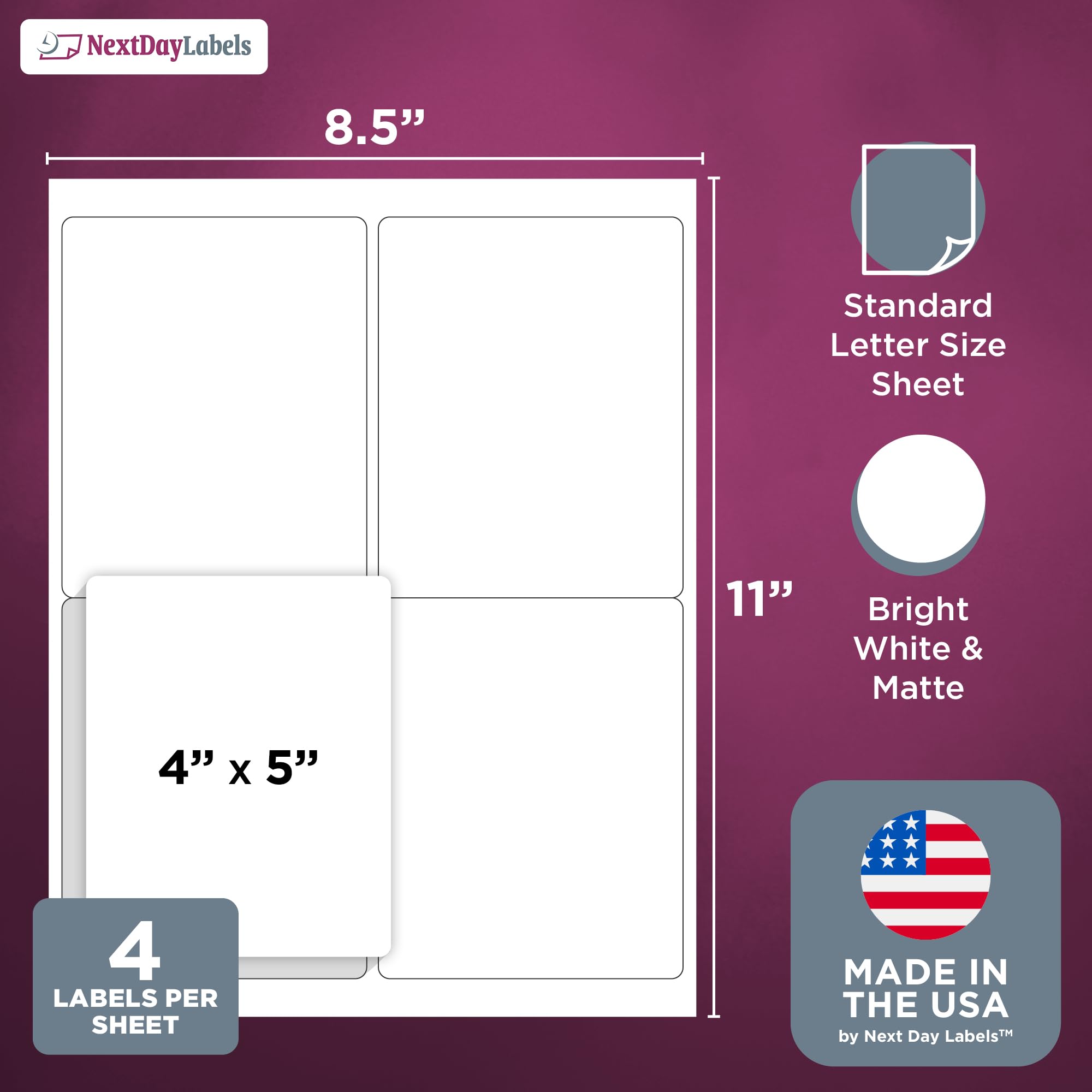 NextDayLabels – 4” x 5” White Rectangular Sticker Labels for Laser/Inkjet Printers - 1000 Sheets (4 Per Sheet, 4000 Labels) - Perfect for Return Address, Shipping Labels & Mailing - Ideal for Home Office, Small Business & E-commerce Packaging