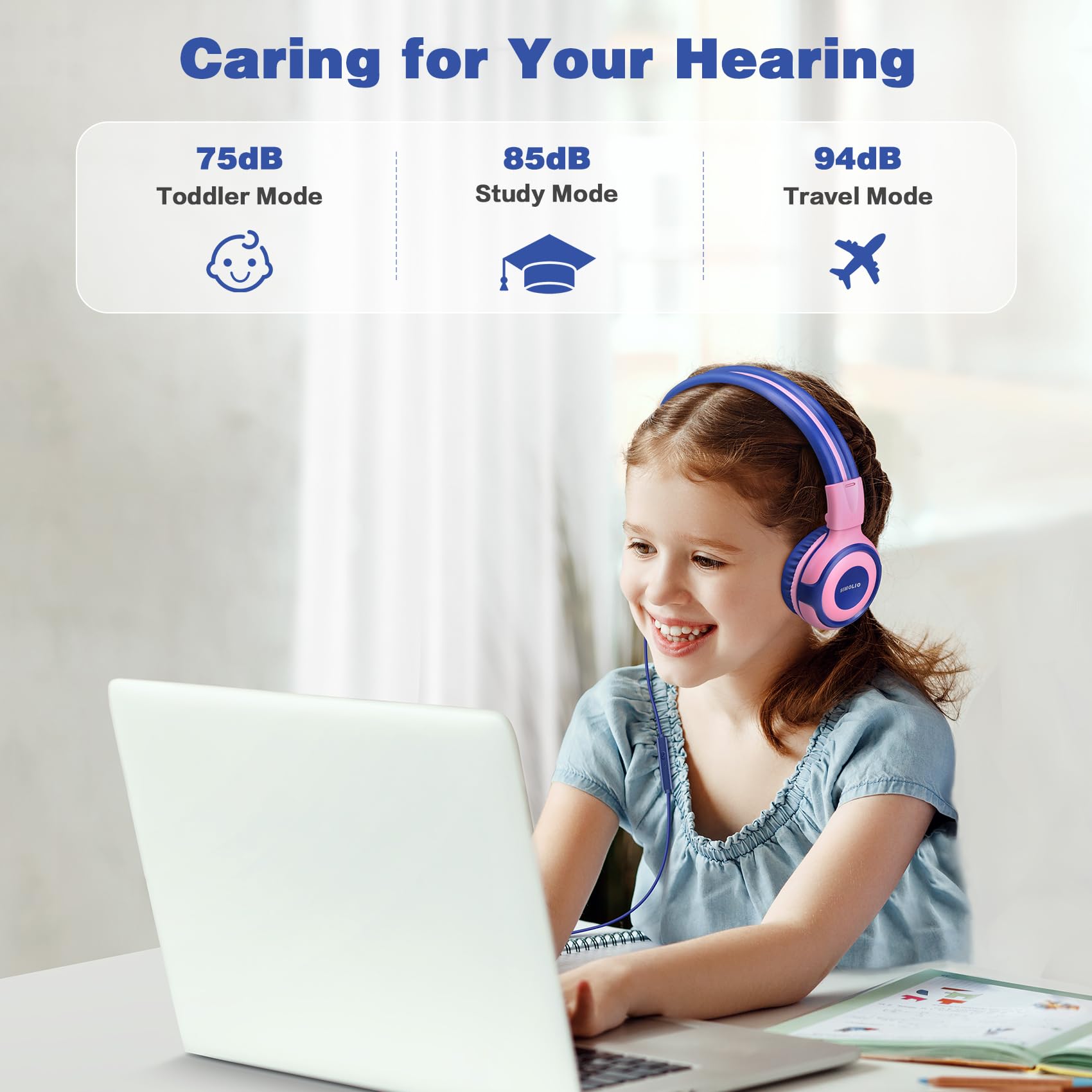 SIMOLIO Volume Limited Kids Headphones with Microphone & Share Port - 75-85-94dB Safe Sound Level, Wired Children Headset for Boys Girls - Perfect for School, Travel, Online Learning & Gaming