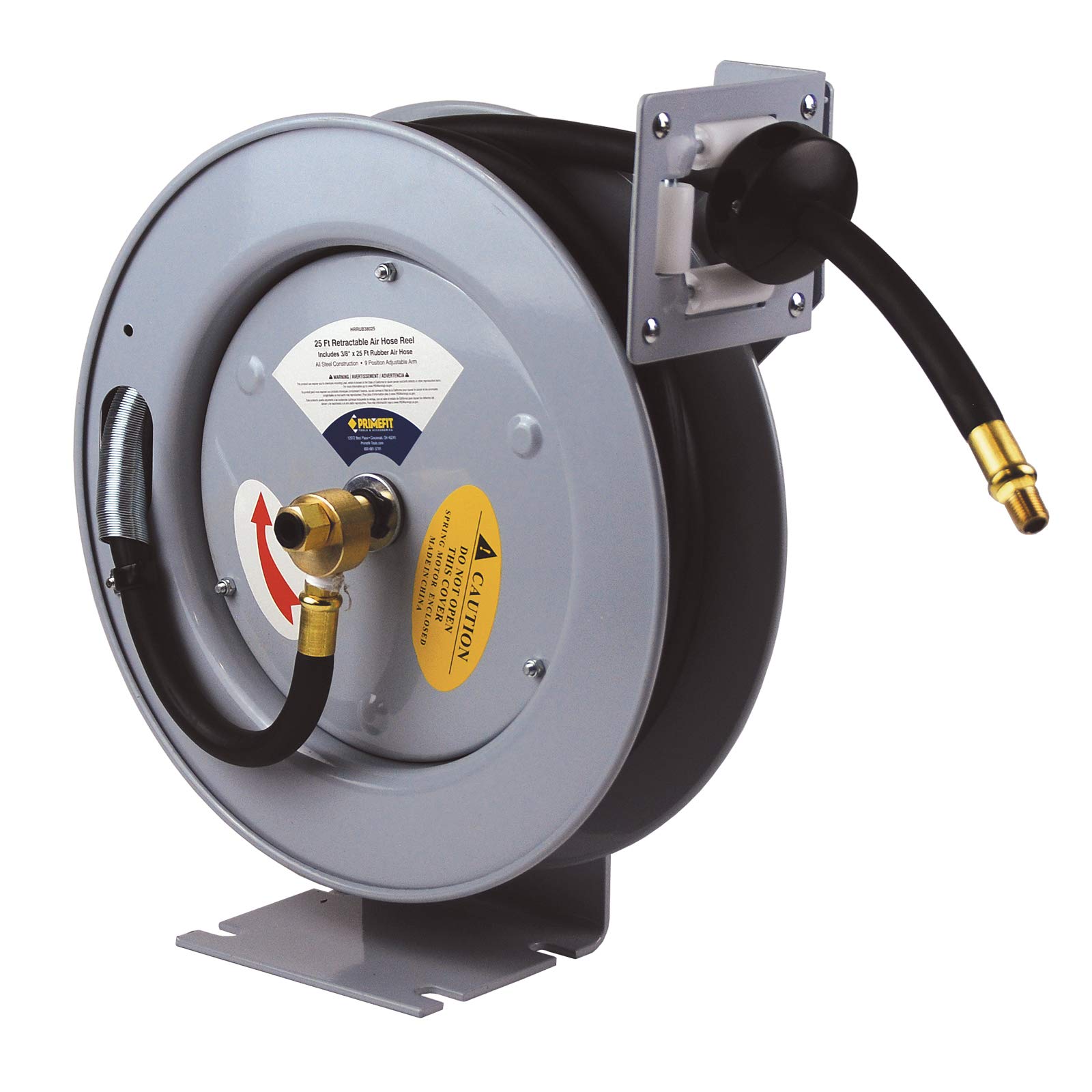 Primefit HRRUB380253 Industrial Grade Retractable Air Hose Reel with 25-Foot Rubber Air Hose - Heavy Duty for Garages, Workshops & Auto Repair Shops