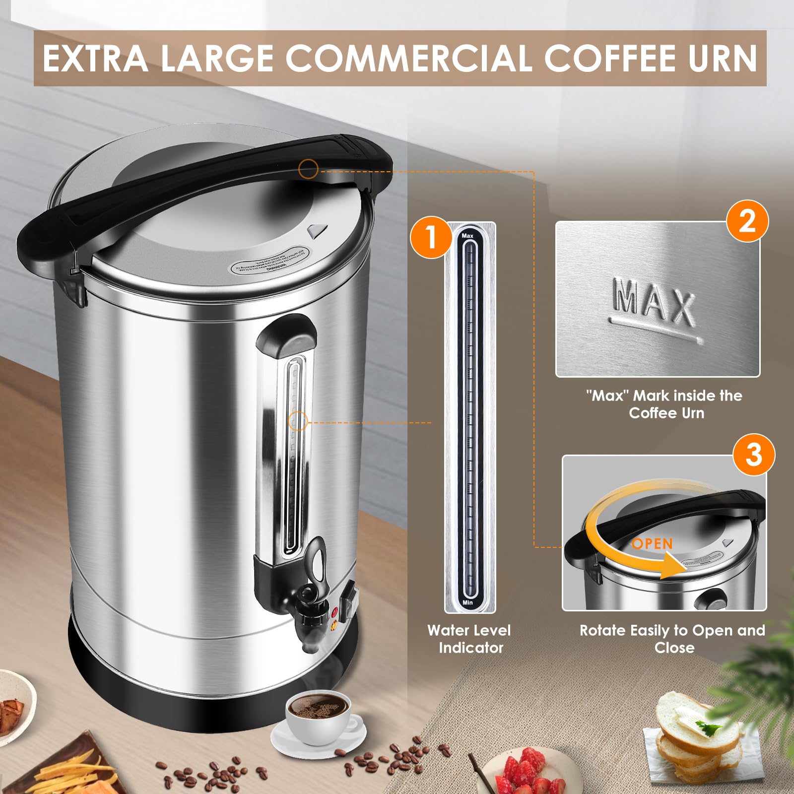 Commercial Coffee Urn 120 Cup (18L) - Extra Large Stainless Steel Hot Water & Coffee Urn - 1500W Quick Brew Electric Percolator for Parties, Events & Catering - Perfect for Church Gatherings, Weddings & Large Offices