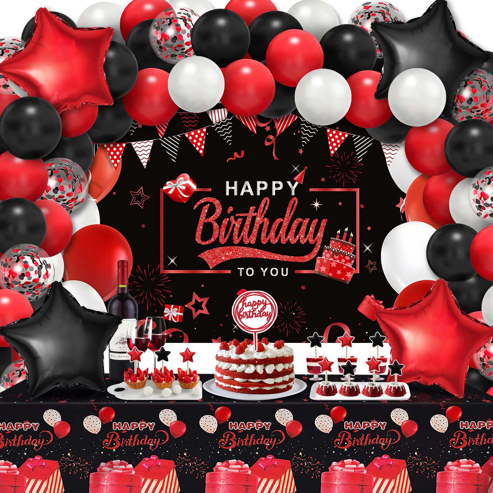Red and Black Birthday Party Decorations Kit for Men, Women, Boys & Girls - Includes Balloon Arch, Garland, Happy Birthday Backdrop, Star Foil Balloons, Cake Toppers & Tablecloth | Perfect for Adult Birthday Parties, Gender Reveals & Anniversary Celebrations