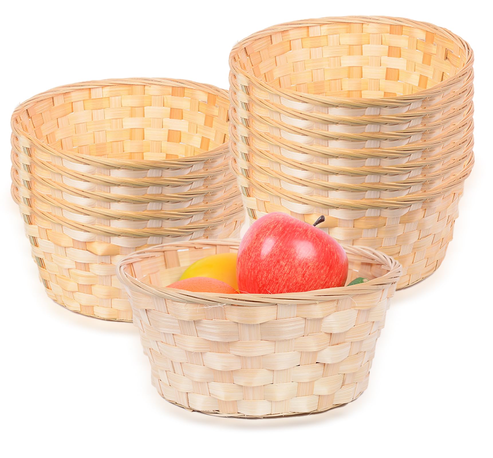 12 Pack 7 Inch Round Bamboo Gift Baskets - Handwoven Bread & Fruit Serving Baskets for Kitchen, Restaurant Display, Party Decor - Perfect for Weddings, Picnics & Home Organization