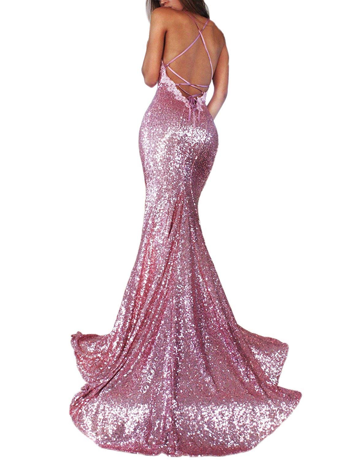 Sparkly Sequin Mermaid Prom Dress for Women - V Neck Spaghetti Straps Backless Evening Gown for Homecoming, Party & Special Occasions