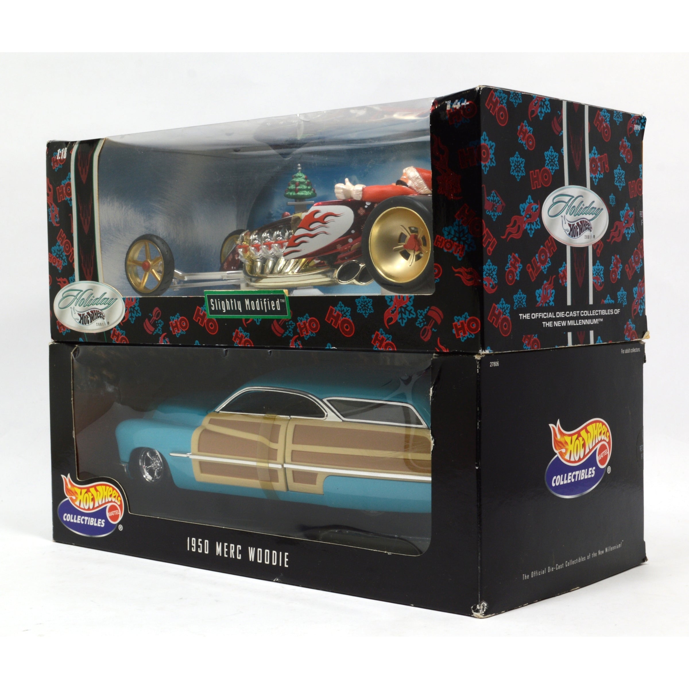Lot of 2 Hot Wheels Diecast Cars 1:18 Scale - Santa Slightly Modified & Mercedes Woodie - Collectible Toy Cars for Display, Gifts, and Racing Fun