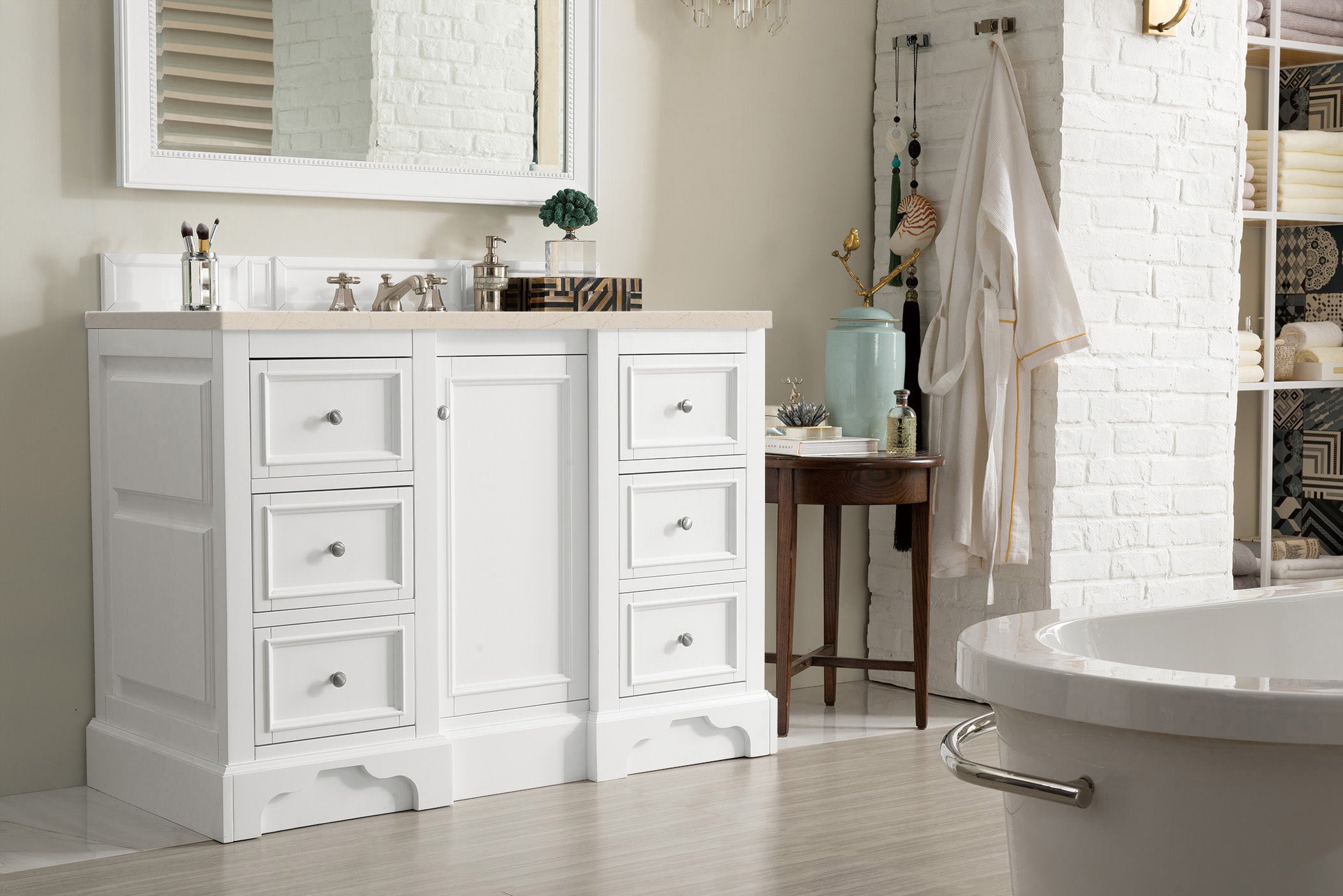 De Soto 48 Inch Single Bathroom Vanity Set with 3CM Eternal Marfil Quartz Countertop in Bright White - Perfect for Modern Bathroom Renovations and Small Space Solutions