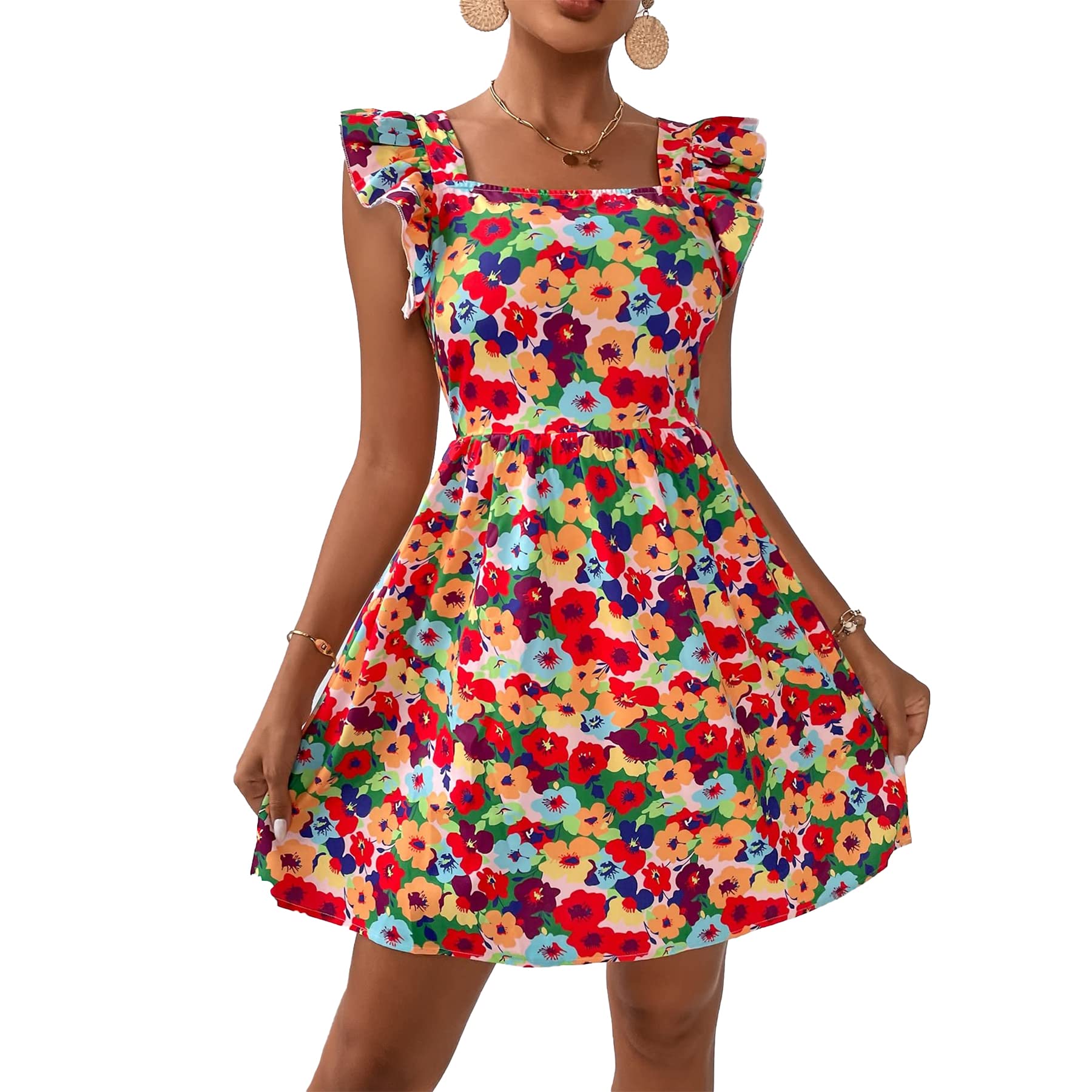 HDN Women's Cute Lace-Up Ruffle A-Line Flared Short Dress - Sleeveless Casual Flowy Summer Dress for Party, Date Night & Beach Vacation