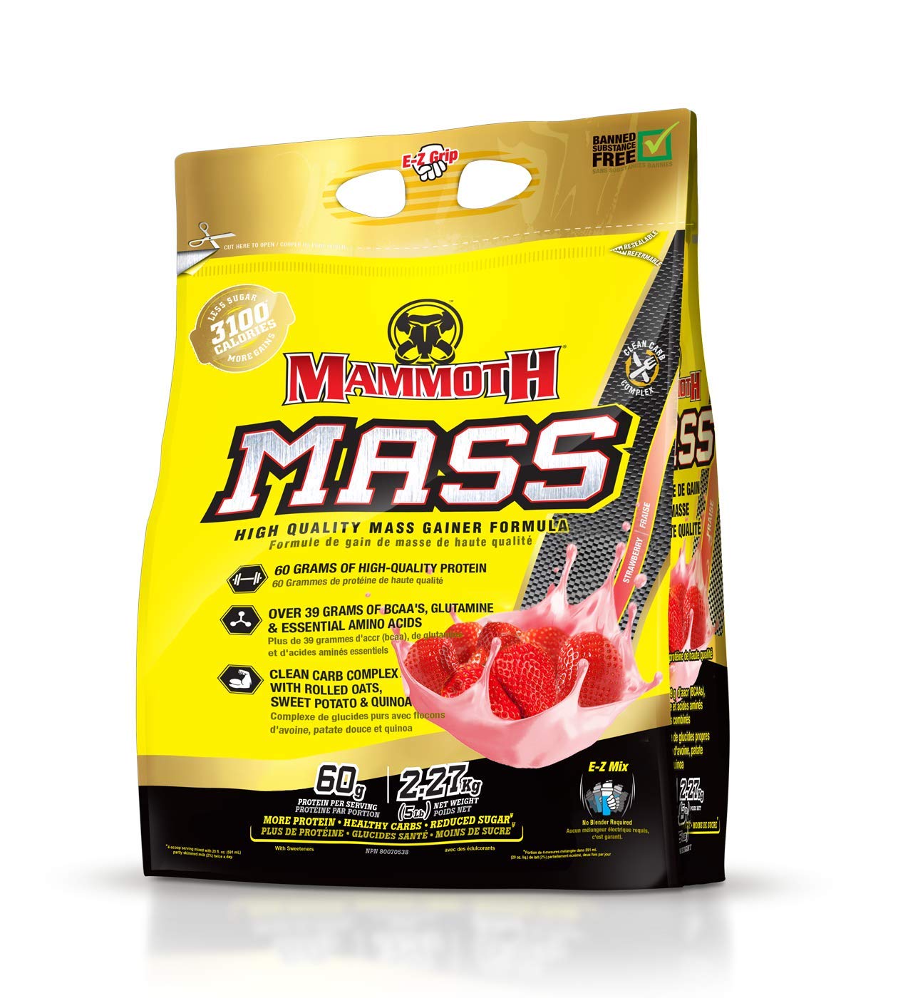 Mammoth Mass Weight Gainer Protein Powder - High Calorie Muscle Building Shake with Whey Isolate & Casein Blend, Low Sugar Meal Replacement for Bodybuilding & Workout Recovery (Strawberry Flavor, 5lb) - Perfect for Post-Workout Smoothies, Muscle Growth Nutrition & Healthy Weight Gain