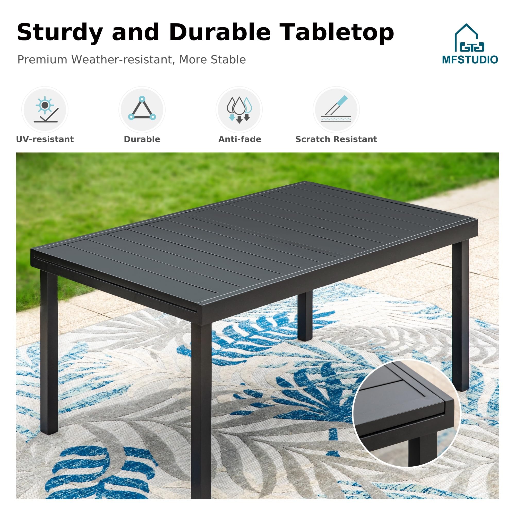 MFSTUDIO 7-Piece Outdoor Patio Dining Set - Extendable Metal Table & Rattan Chairs for 6 - Expandable Garden Furniture for Backyard, Deck, Poolside - Perfect for Outdoor Entertaining & Family Gatherings