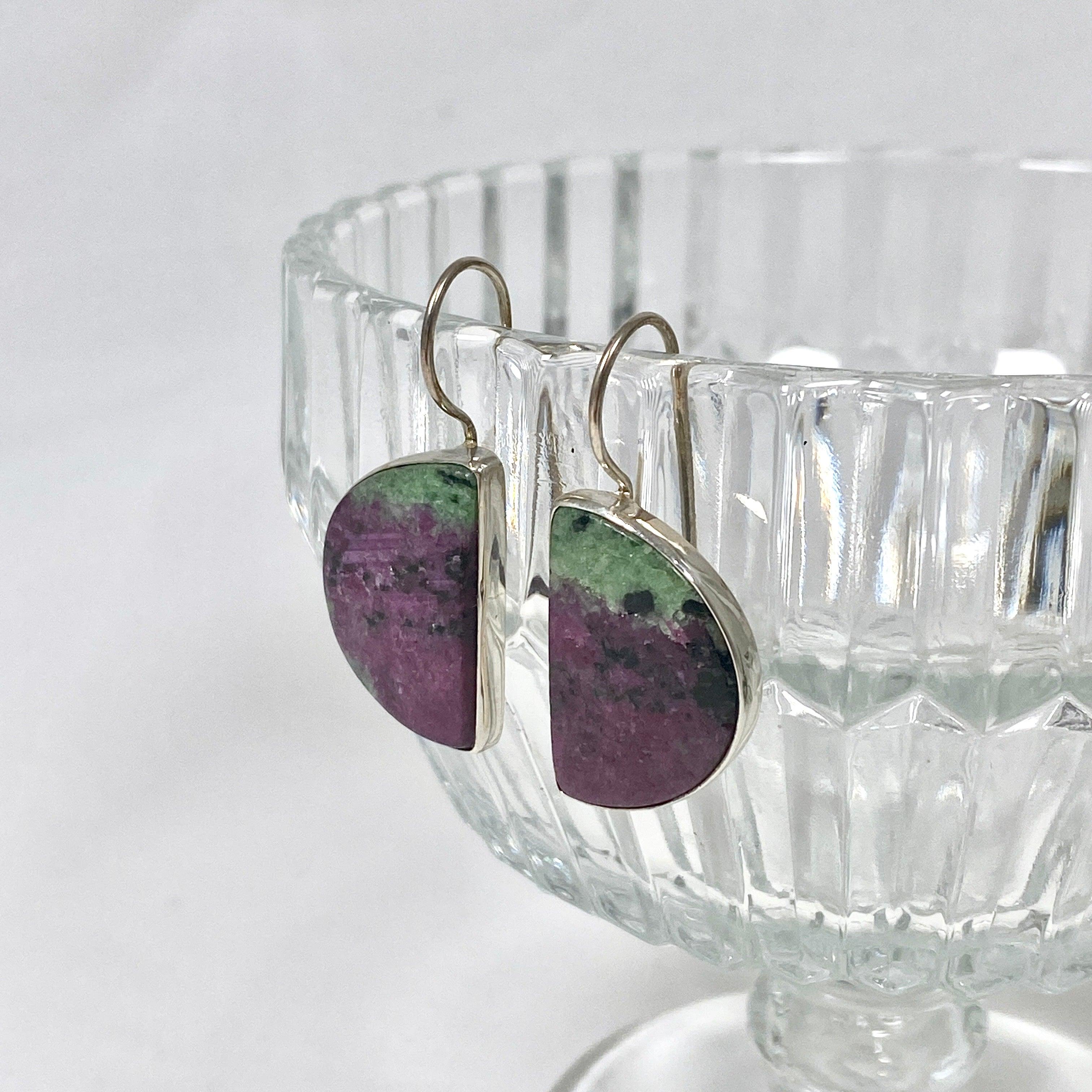 Natural Ruby in Zoisite Half Moon Earrings with Fixed Hook - Elegant Handmade Jewelry for Women - Perfect for Weddings, Parties & Special Occasions - KEGJ1118