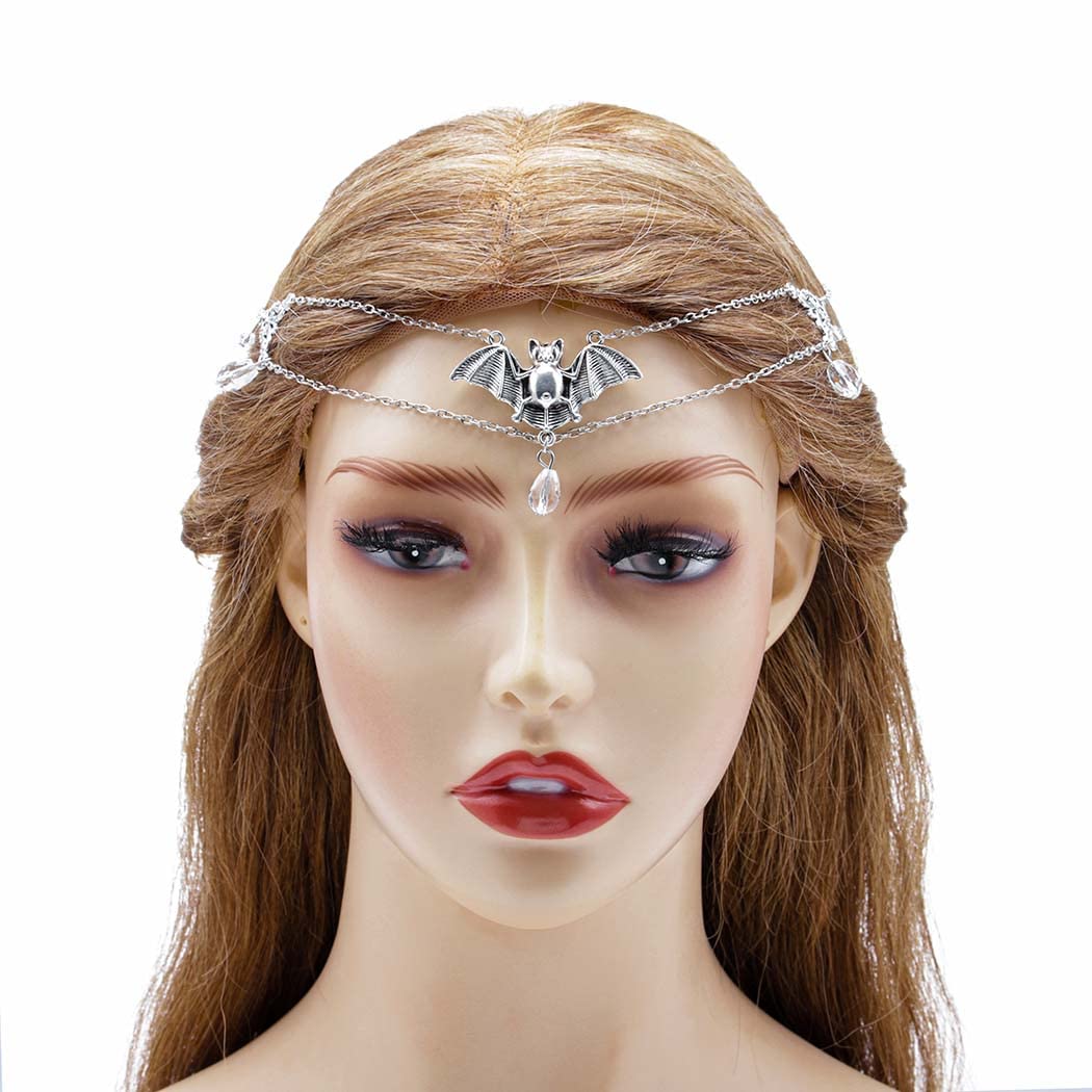 Boho Bat Head Chain Crystal Pendant Hair Jewelry – Elastic Halloween Hair Accessories for Women & Girls – Perfect for Costume Parties, Cosplay, and Festival Outfits