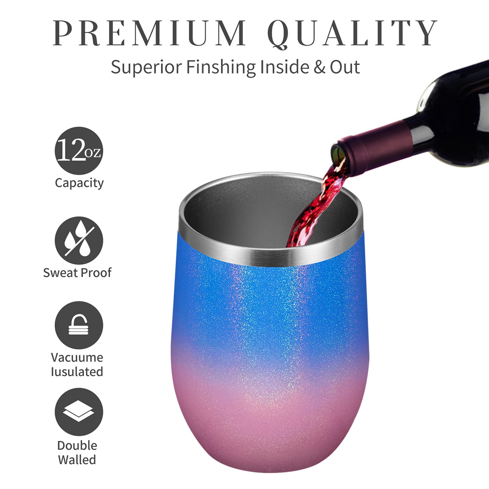 MEWAY 12oz/16 Pack Stainless Steel Wine Tumblers with Lid - Double Wall Vacuum Insulated Glitter Cups for Hot & Cold Drinks - Stemless Coffee Tumblers for Women, Parties, Picnics & Office Use (Gradient Pink, Set of 16)