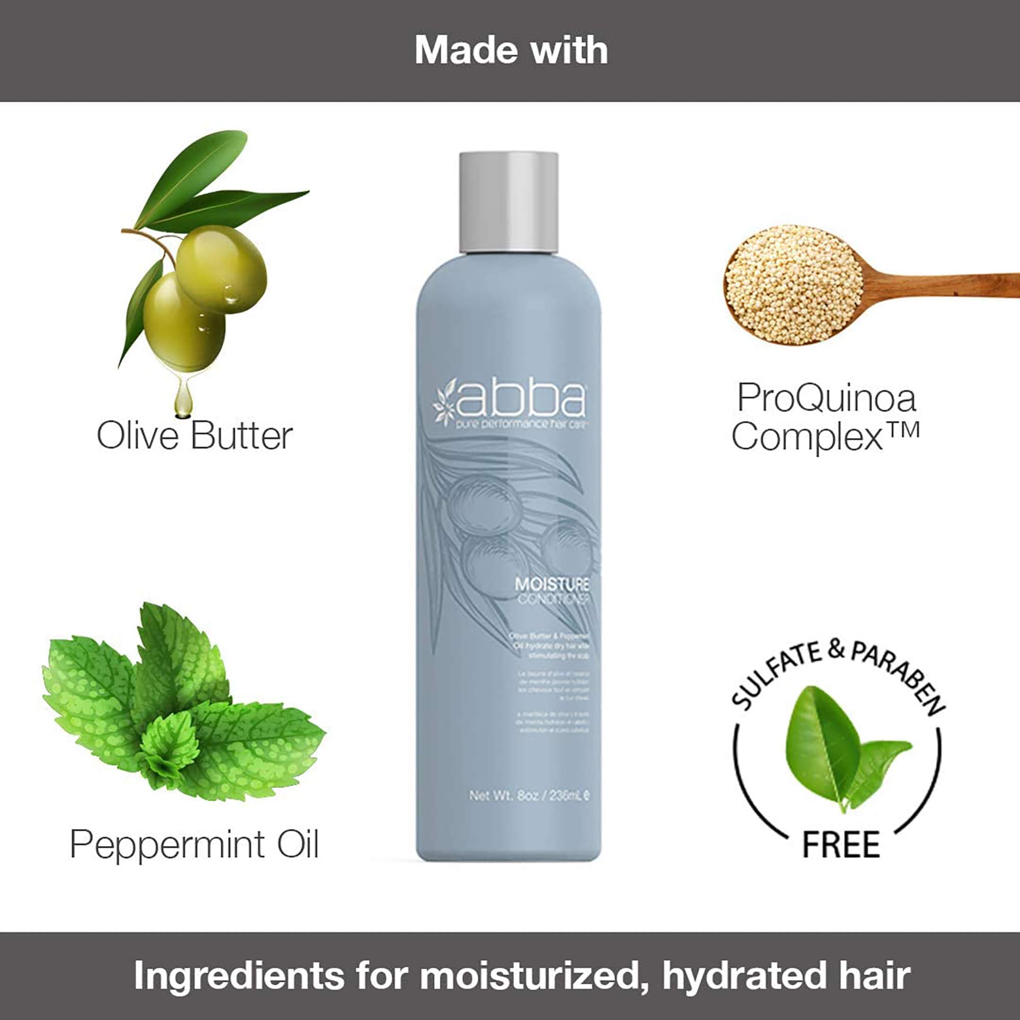 ABBA Pure Moisture Shampoo with Olive Butter & Peppermint Oil - Hydrating & Nourishing Hair Care for Dry, Damaged Hair - Perfect for Daily Use at Home or Salon