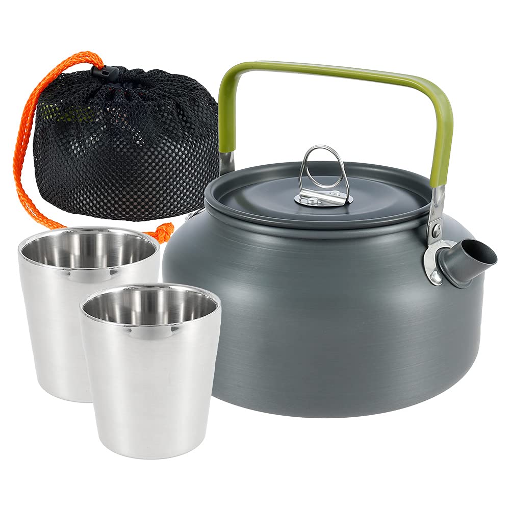 CoolMartus 1.2L Stainless Steel Camping Tea Kettle - Portable Ultralight Outdoor Cookware Set with 2 Cups & Heat-Resistant Handle - Perfect for Hiking, Picnics, Backpacking & Camping Trips