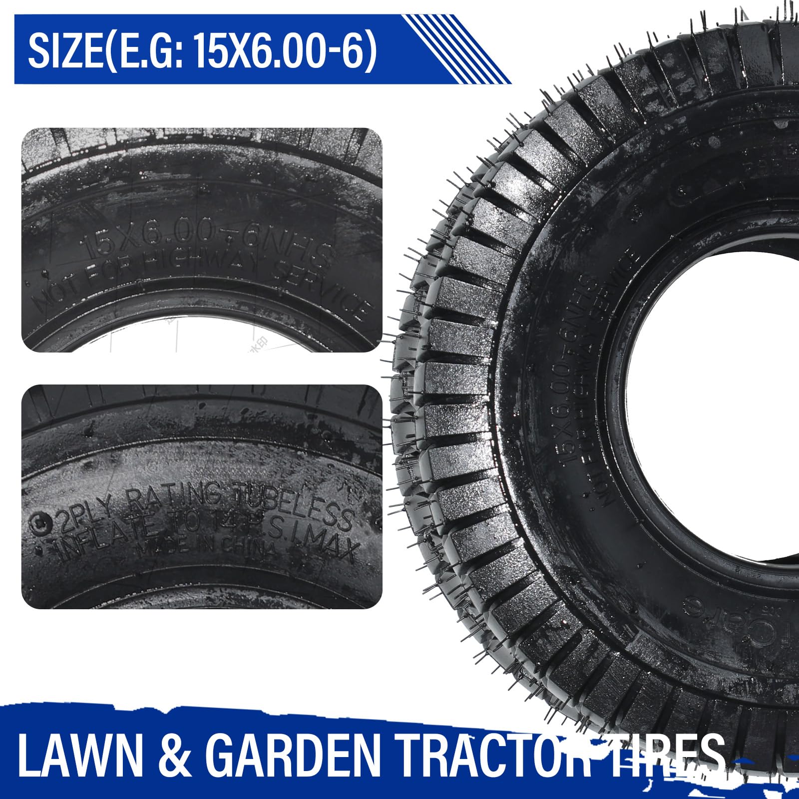 2Pcs 15x6.00-6 Tubeless Lawn Mower Tires - Heavy Duty Garden Turf Tractor Tires with 2 PR Rating - Perfect for Lawn Care, Landscaping & Yard Maintenance