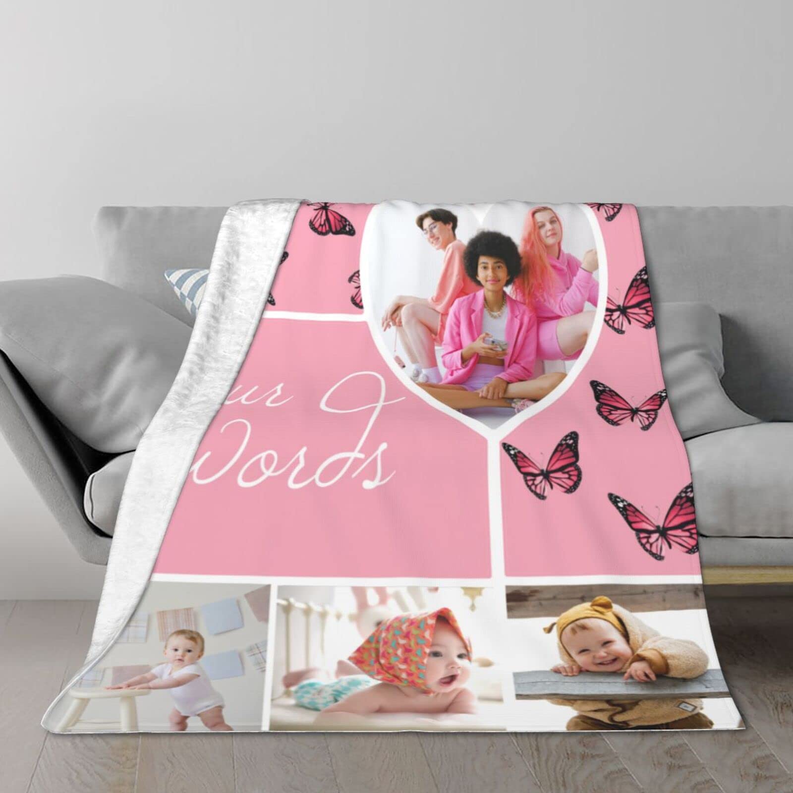 Custom Photo Collage Throw Blanket for Girls - Personalized Pink Butterfly Blanket with Your Words & Pictures - Soft Fleece Gift for Birthdays, Baby Showers & Cozy Home Decor