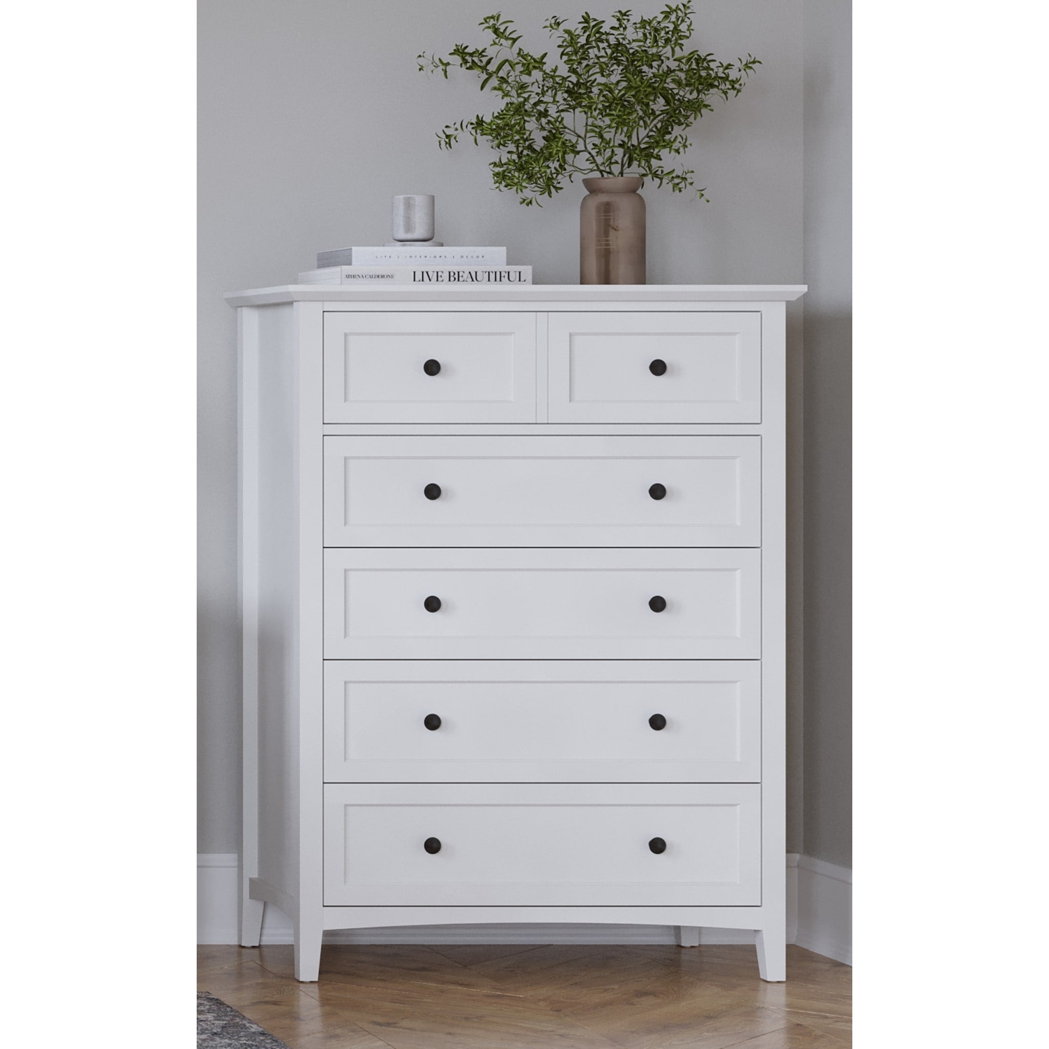 Grace 5-Drawer Chest Dresser in Snowfall White - Modern Bedroom Storage Furniture for Home Organization (2024) - Perfect for Master Bedroom, Guest Room & Nursery