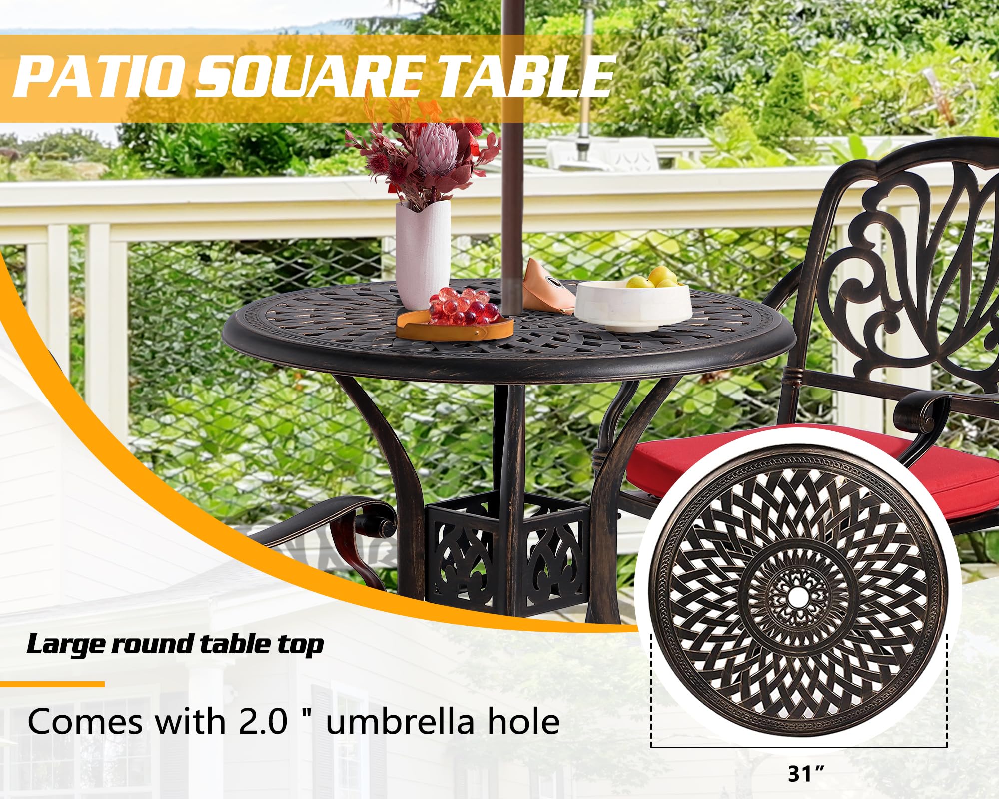 TITIMO 3-Piece Cast Aluminum Patio Dining Set - Outdoor Bistro Furniture with Weather-Resistant Table & Chairs, Cushions & Umbrella Hole - Perfect for Garden, Backyard, Poolside & Outdoor Entertaining (Red)