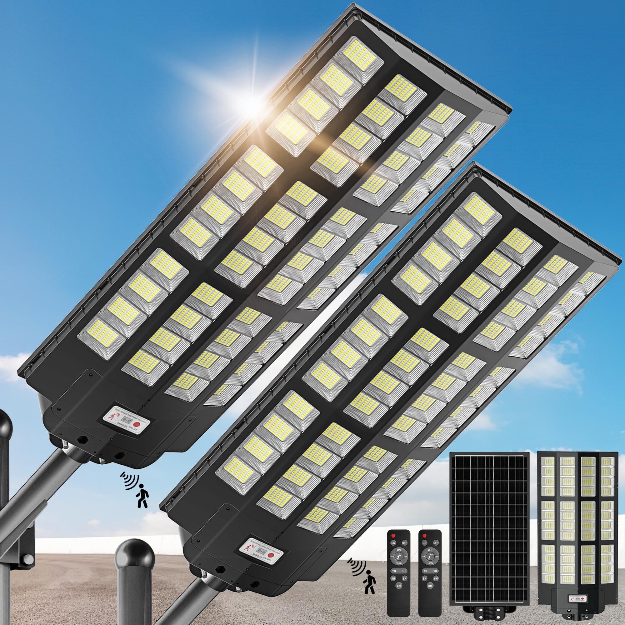 9800W Solar Street Lights Outdoor with Motion Sensor - 7000K LED Solar Powered Lights for Parking Lots, Yards, Pathways | Dusk to Dawn, Wide Angle, Heavy Duty (2 Pack) - Perfect for Commercial & Residential Outdoor Lighting