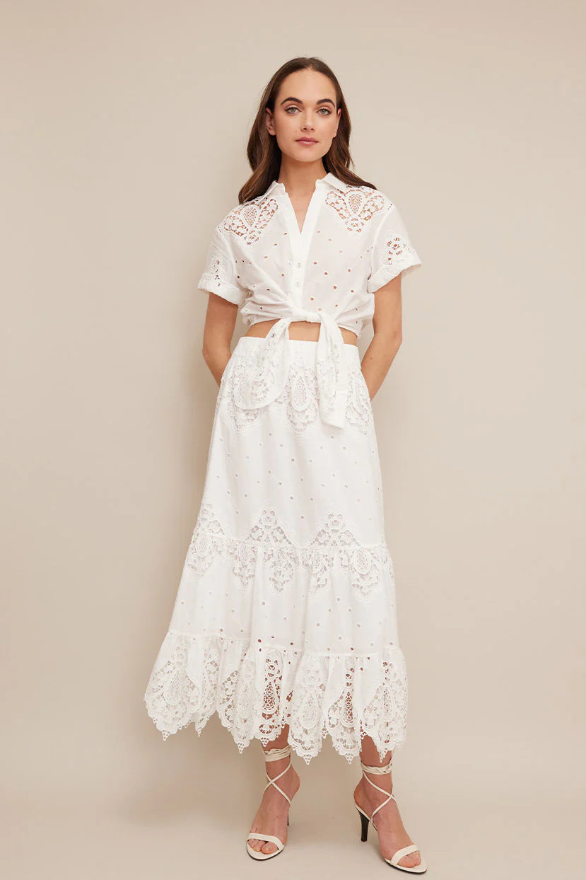 Asbury Top Embroidered Eyelet Blouse - Floral Lace Trim Women's Shirt for Casual & Office Wear - Perfect for Summer Outfits and Professional Attire