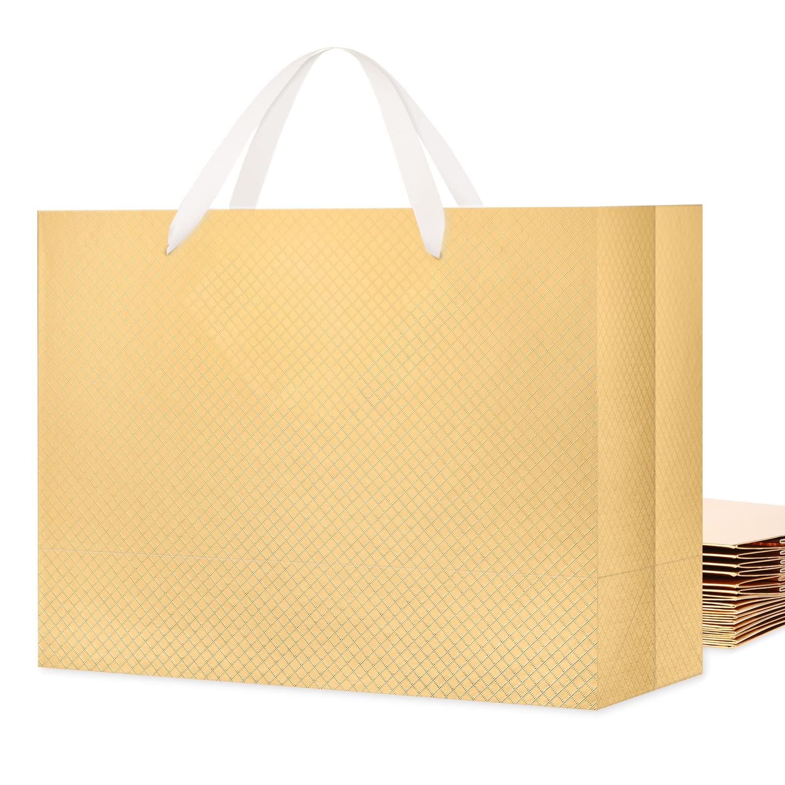 Premium 12-Pack Extra Large Gold Gift Bags 16x6x12 Inches with Handles - Matte Gold Lattice Texture Luxury Gift Packaging for Birthdays, Weddings, Christmas & Special Occasions