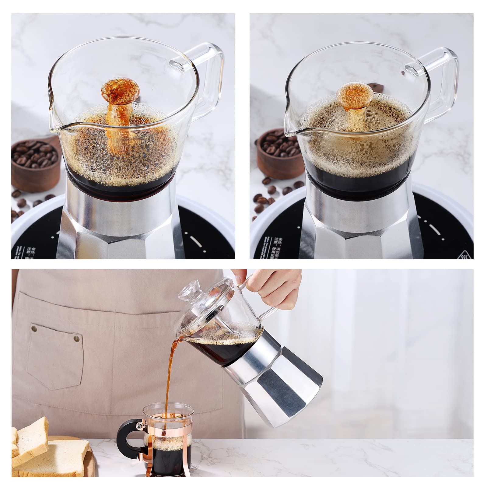 Moka Stovetop Espresso Maker - 240ml (6 Cup) Italian Coffee Pot with Crystal Glass Top & Aluminum Body - Perfect for Home Brewing, Camping & Gifts