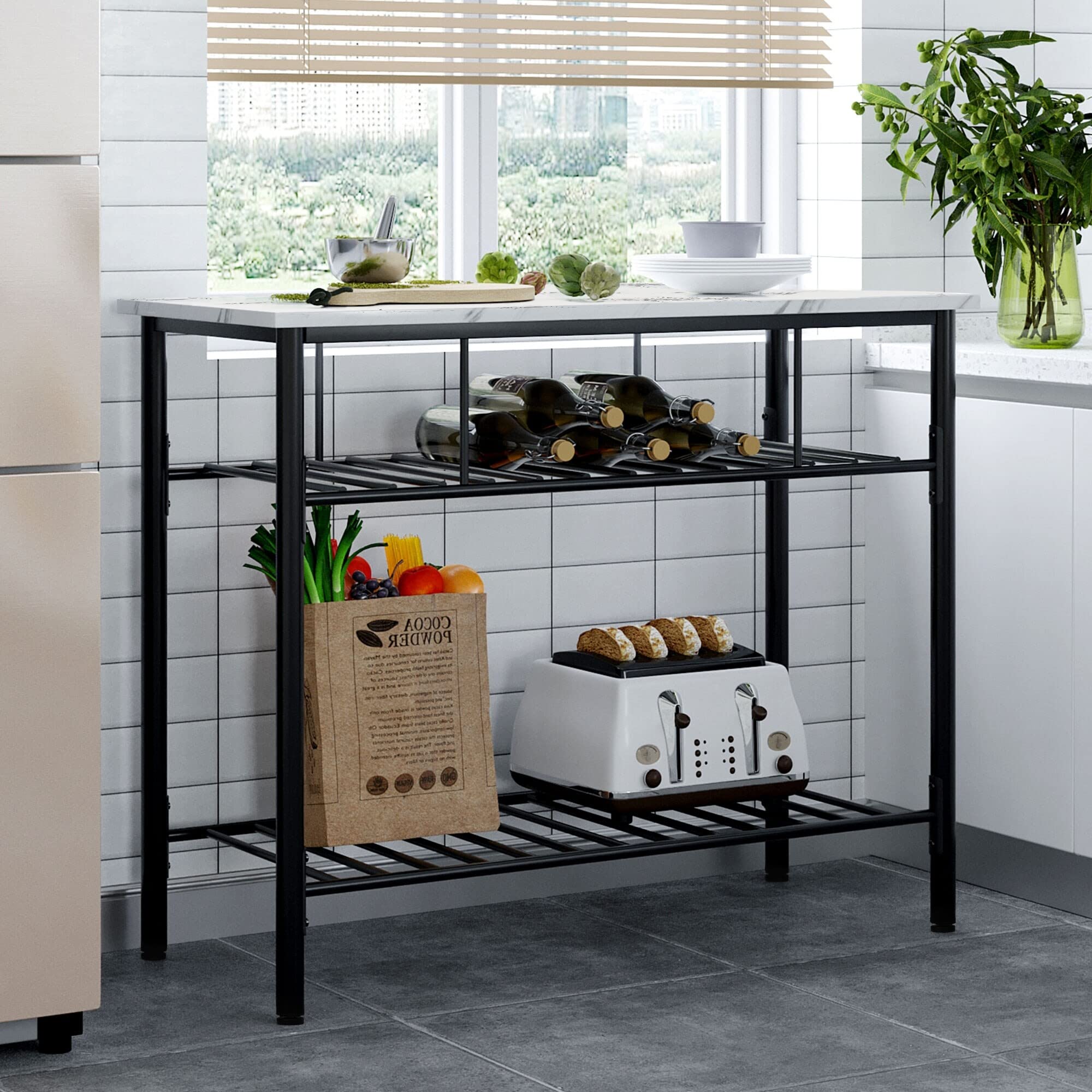Rustic Farmhouse Counter Height Dining Table & Kitchen Island Prep Table with Storage Rack, Worktop and 2 Shelves - Perfect for Small Space Kitchens, Breakfast Nooks & Open Concept Living Areas