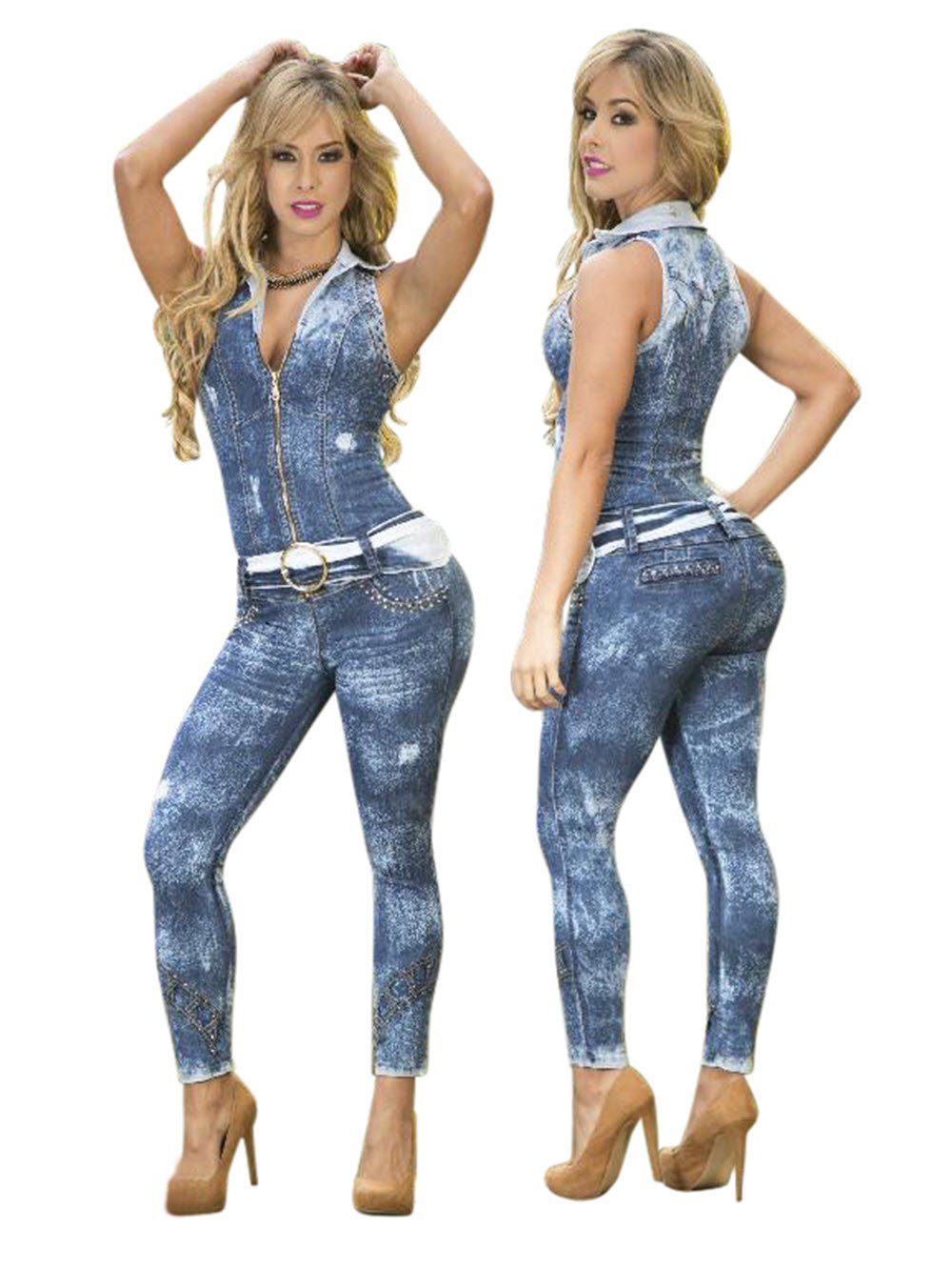 Brazilian Butt Lift Jean Jumpsuit - Colombian Style High Waisted Denim Romper 7382 | Slimming Bodycon Outfit for Women, Perfect for Night Out & Date Night
