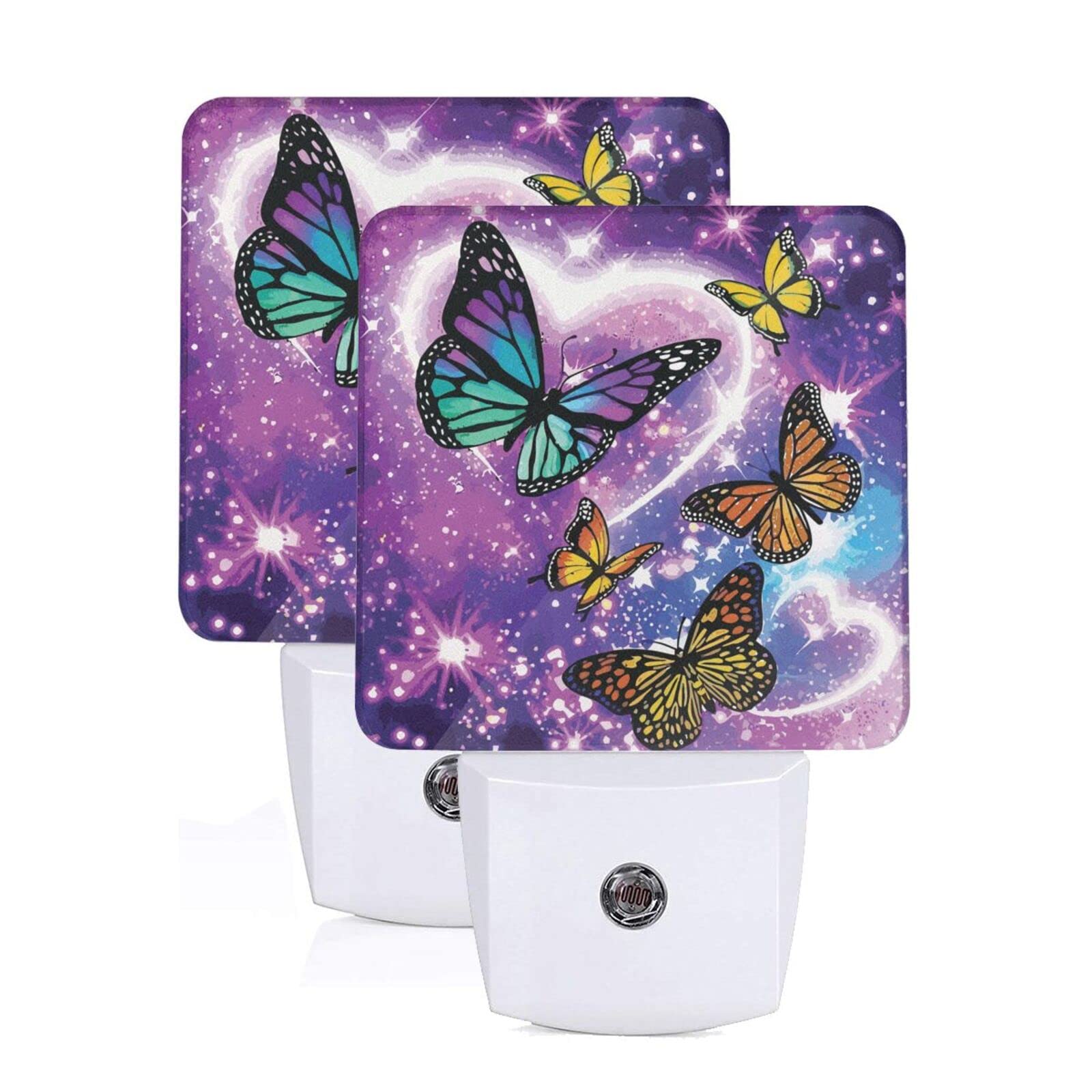 2-Pack Galaxy Heart-Shaped Butterfly LED Night Lights with Auto Dusk-to-Dawn Sensor - Plug-in Decorative Bedside Lamp for Kids & Adults Rooms - Perfect for Nursery, Bedroom, Hallway & Gift Giving
