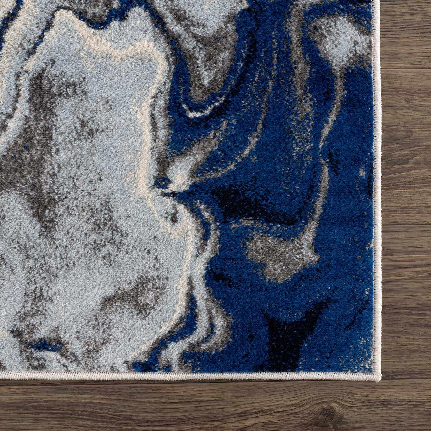 Glendon Abstract Coastal Area Rug - Modern Marble Swirl Pattern Carpet in Ombre Blue, Royal Blue, Navy Blue, Grey & White - 5'3
