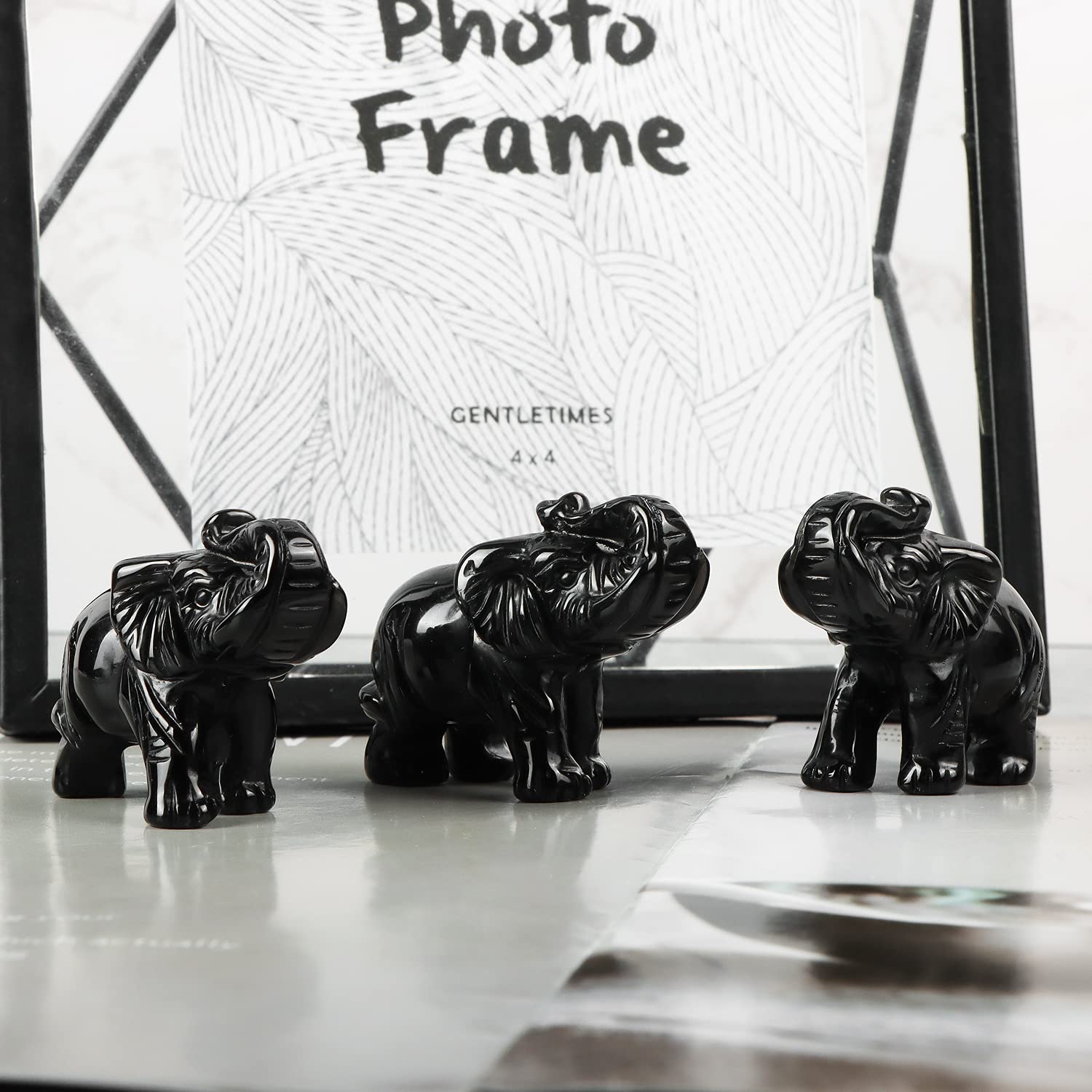 Hand Carved Black Obsidian Crystal Elephant Statue - 2 Inch Gemstone Animal Sculpture for Home & Office Decor, Desk Ornament with Gift Box | Feng Shui Decor, Meditation Space, Yoga Room & Spiritual Gift