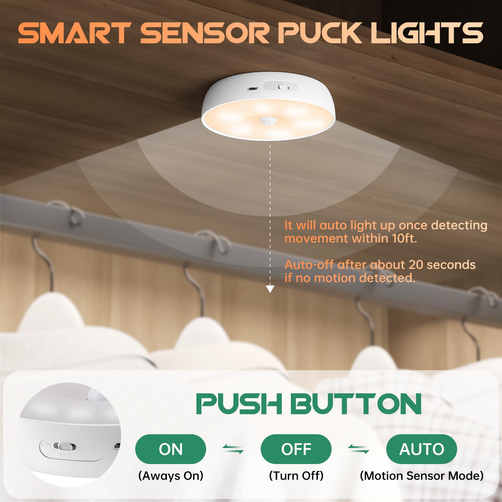 Warm White LED Closet Lights with Motion Sensor - USB Rechargeable Wireless Puck Lights, Dimmable Under Cabinet Lighting with Remote Control - Perfect for Wardrobe, Kitchen, Staircase (6 Pack)