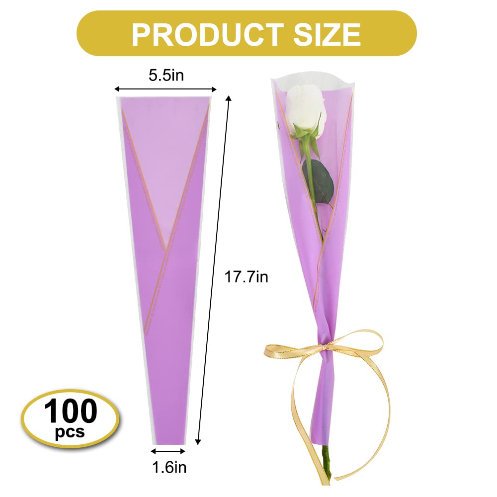 BEISHIDA 100 PCS Purple & Gold Letter Plastic Flower Sleeves - Single Rose Wrapping Sleeves for Florist Bouquet Supplies, Valentine's Day, Mother's Day Gifts - Perfect for Wedding Decor, DIY Floral Arrangements & Gift Packaging