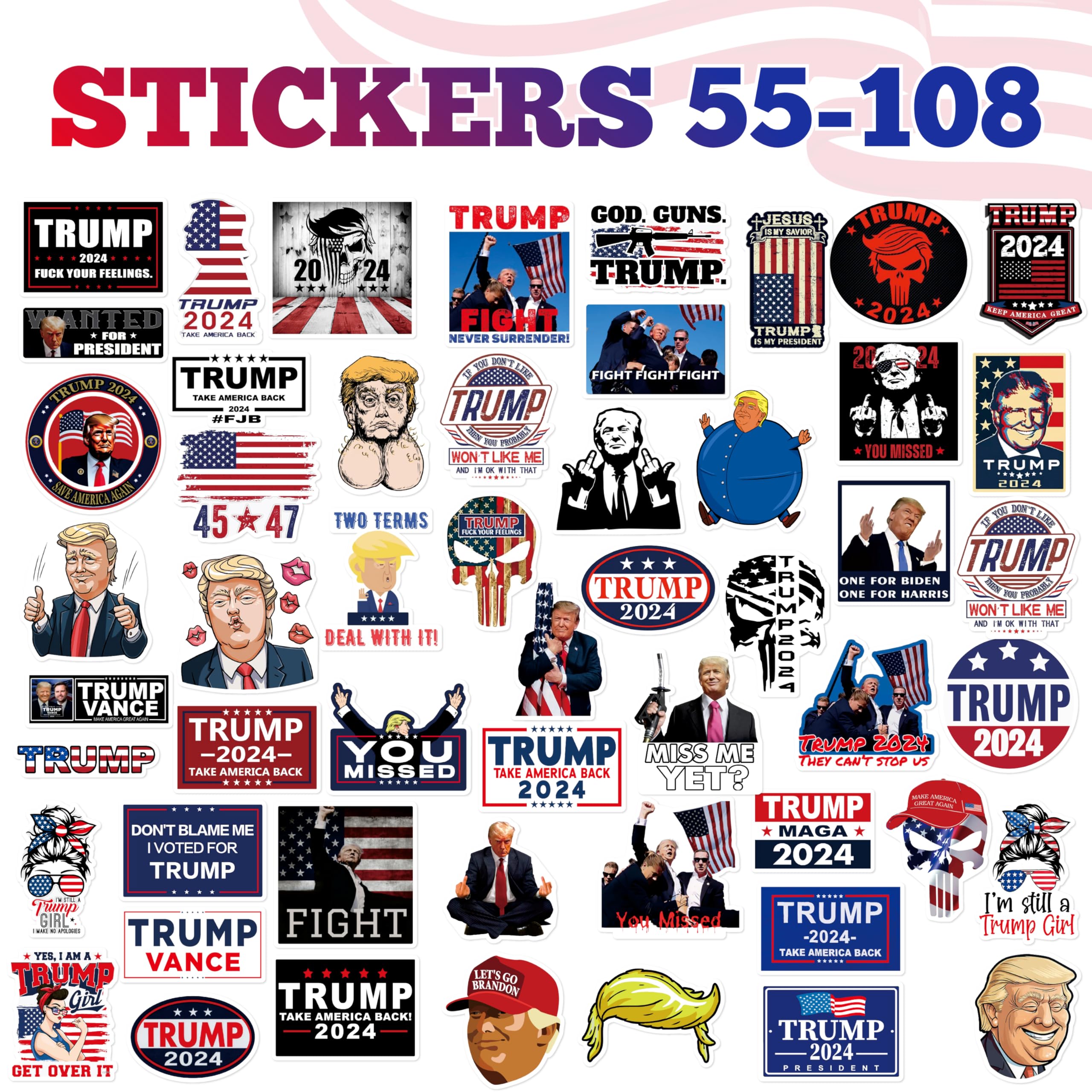 216 Pack Donald Trump 2024 Stickers - USA Flag Decal, Motivational & Funny Waterproof Stickers for Laptop, Helmet, Backpack - Perfect for Political Supporters, Campaign Events & Patriotic Decor