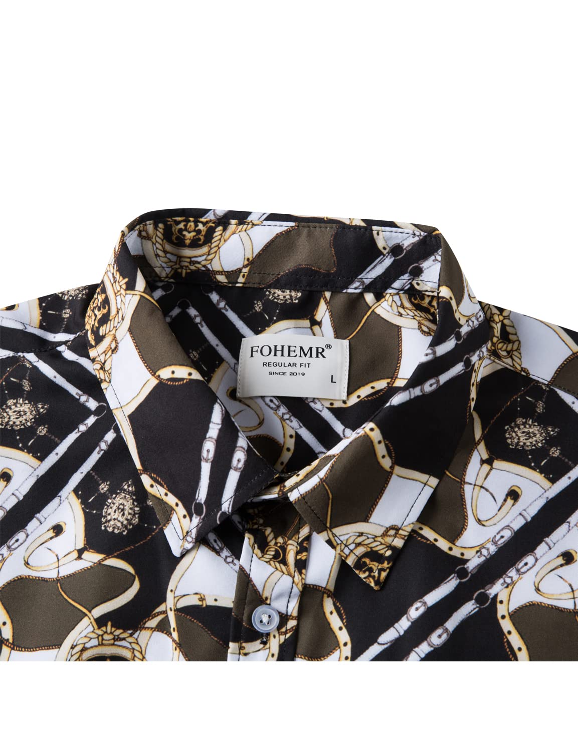 Luxury Men's Black & Gold Baroque Print Short Sleeve Dress Shirt - Chain Design Button Down Casual Shirt for Parties, Weddings & Night Out