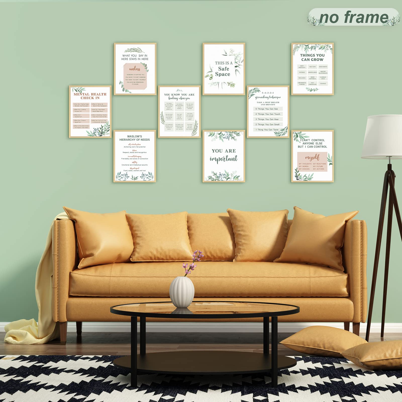 9-Piece Mental Health Posters Set - Anxiety Therapy & Motivational Wall Art for Psychologists, Counselors, Home & Office Decor - 8x10 Inch Inspirational Quote Posters (Leaf Design) - Perfect for Therapy Rooms, Classrooms, and Mental Wellness Spaces