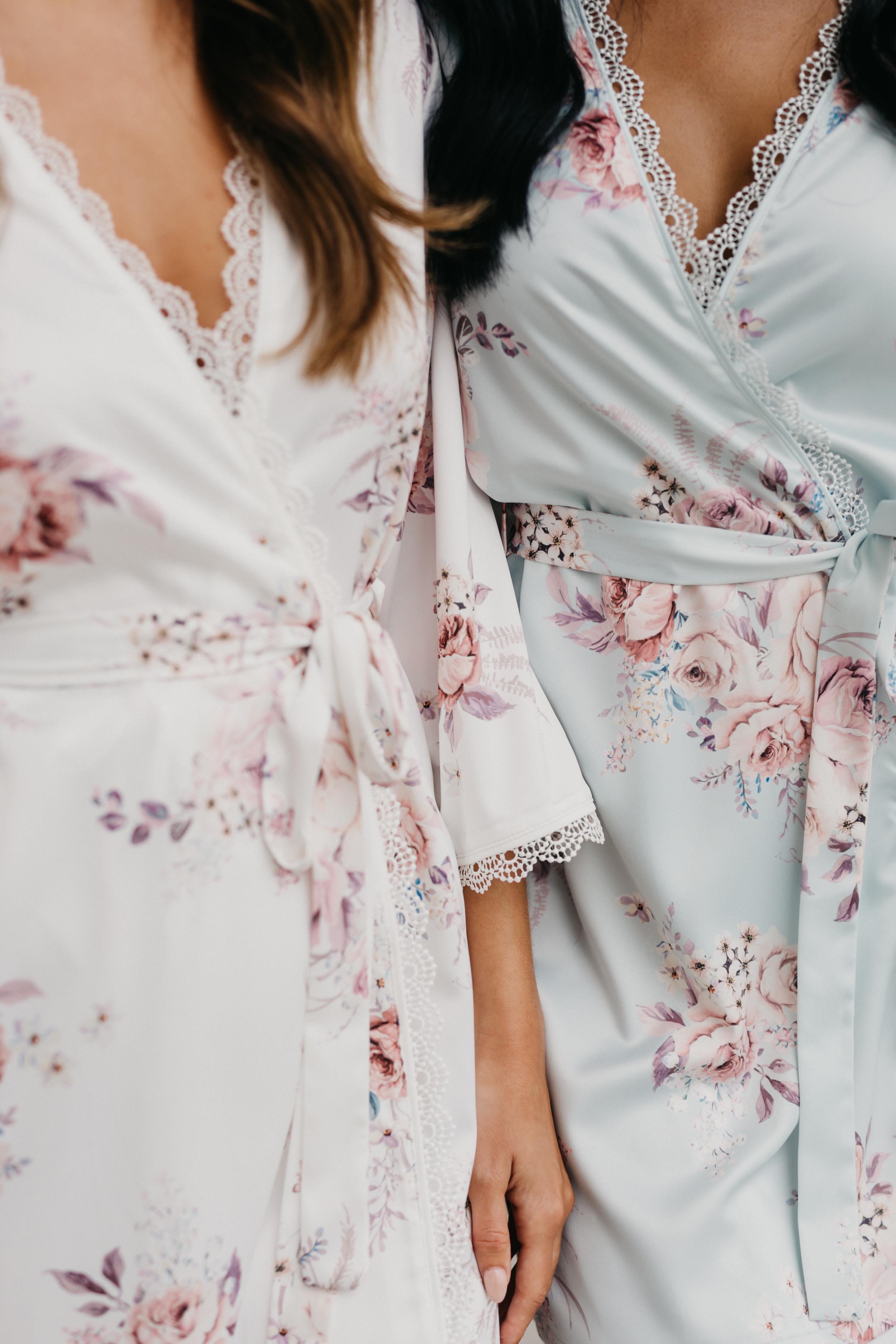Elegant Rose Mist Floral Lace Trim Satin Robe - Women's Luxury Kimono Bathrobe for Bridal, Spa, Honeymoon & Boudoir Photography