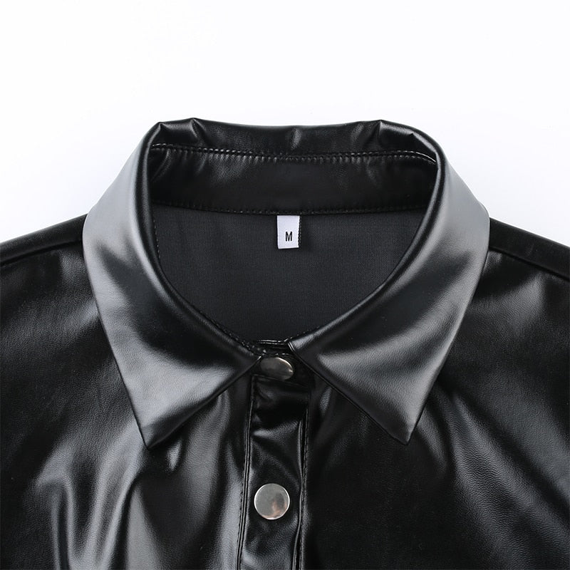 Women's Black Faux Leather Crop Top - Short Sleeve Streetwear Blouse with Turn Down Collar & Puff Sleeves | Perfect for Night Out, Party & Casual Wear
