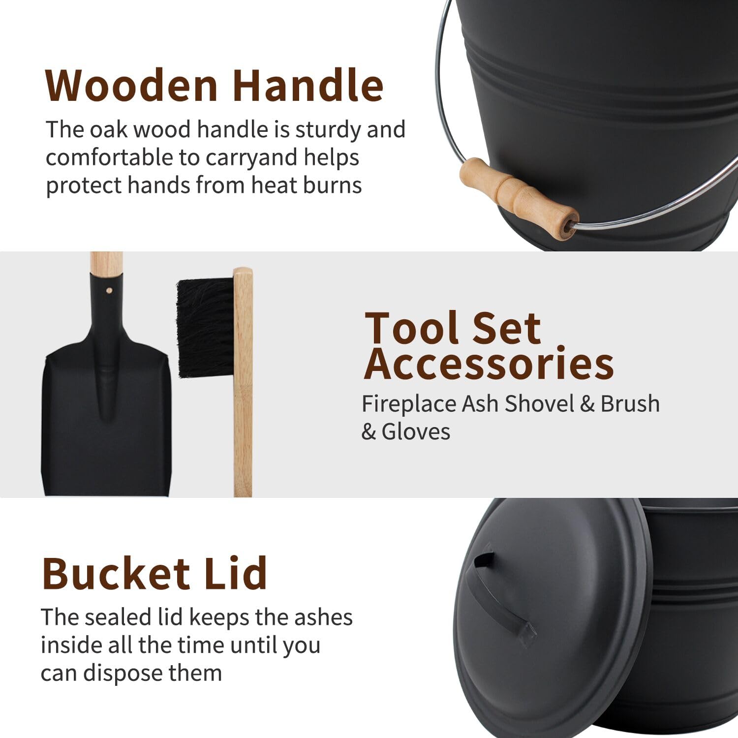 BRIAN & DANY 1.5 Gallon Fireplace Ash Bucket with Lid, Shovel & Broom - Mini Coal Ash Can for Fireplace, Fire Pit, Wood Stove - Perfect for Home Heating, Camping & Outdoor Fire Safety