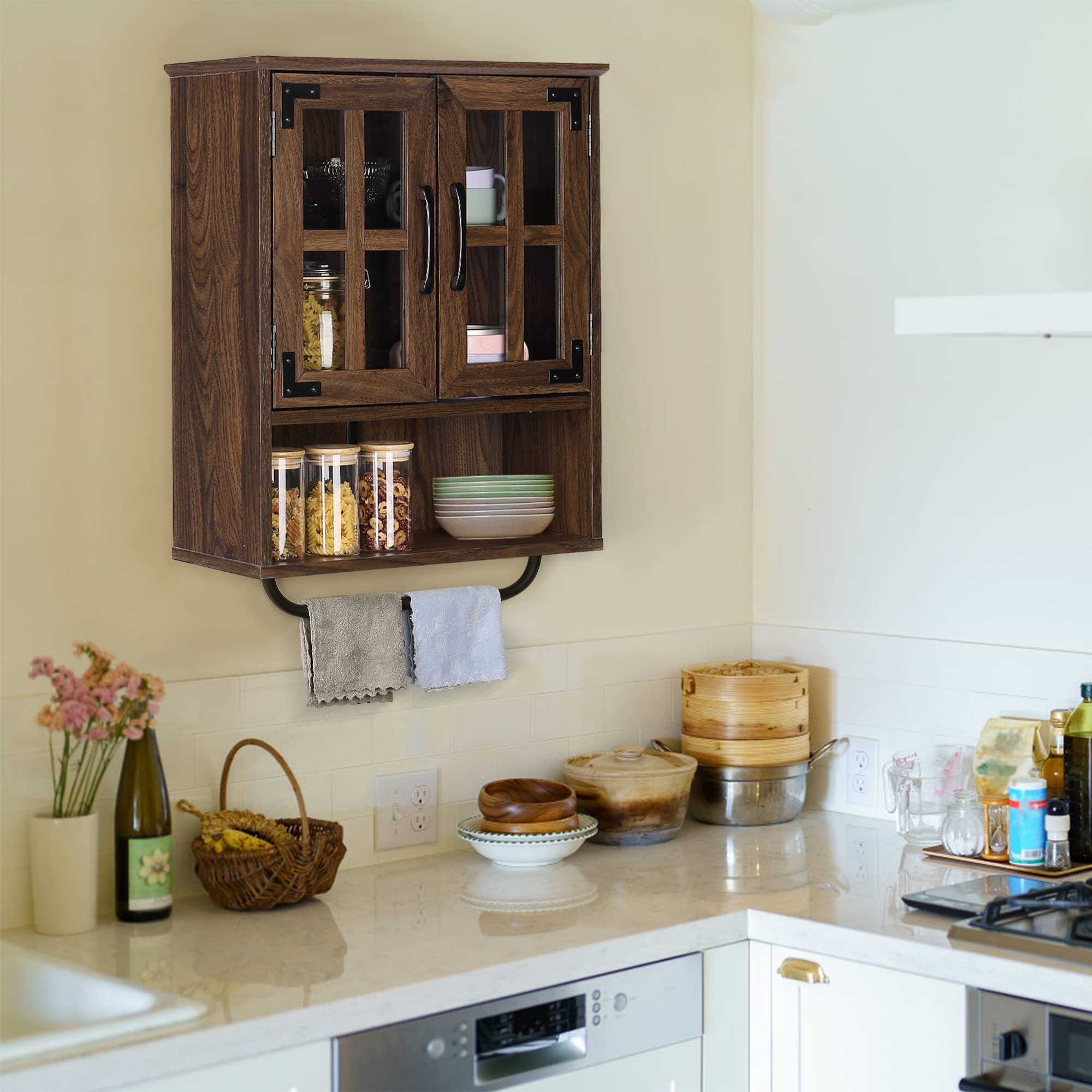 RUSTOWN Wood Wall Storage Cabinet with Cross Glass Doors - Farmhouse Wall Mounted 3 Tier Rustic Cabinet with Adjustable Shelves & Towel Bar - Dark Walnut - Perfect for Bathroom, Living Room, Kitchen & Entryway Organization