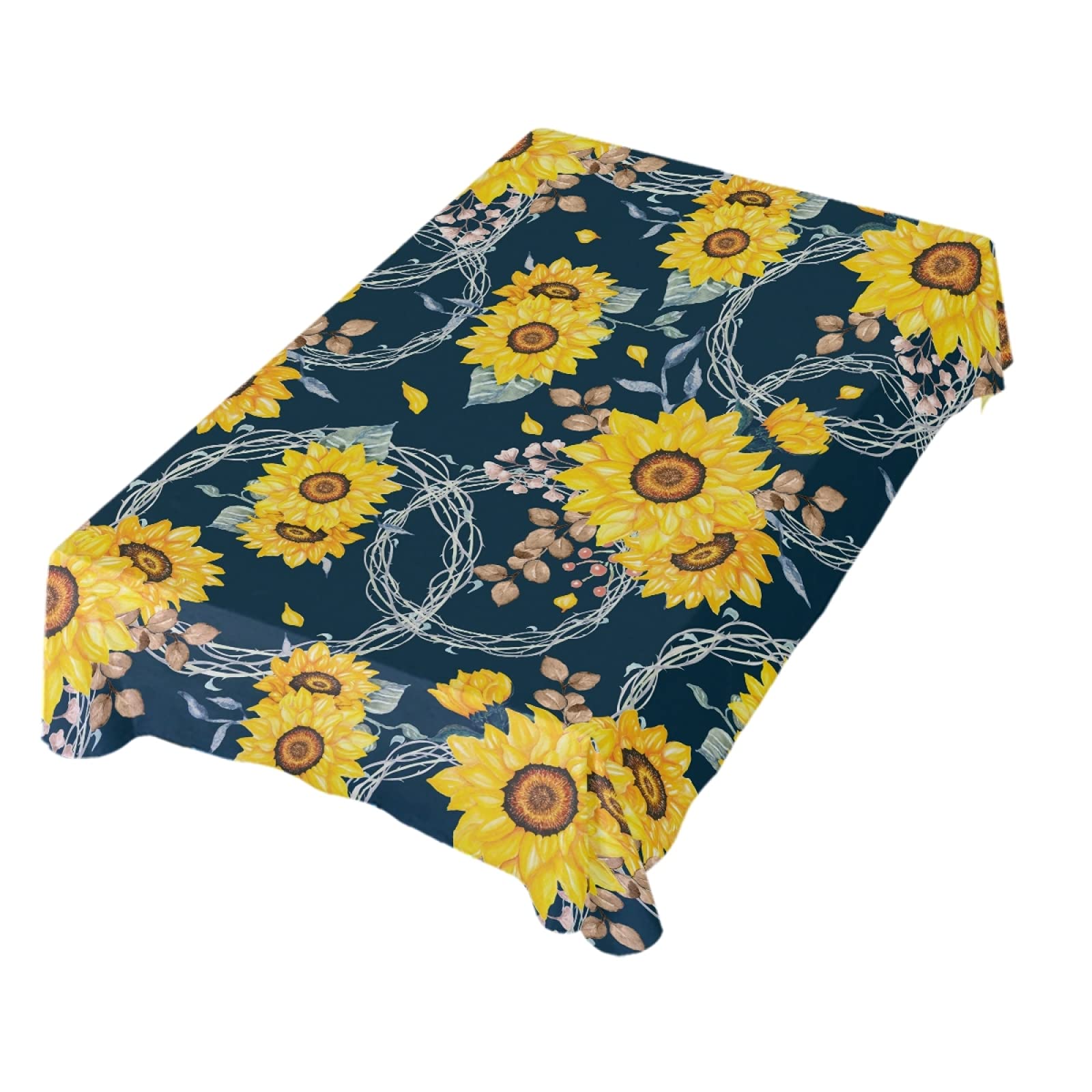 Yellow Sunflower Bouquet Table Decor for Parties - Navy Blue Polyester Rectangle Tablecloth 54 x 72 Inch - Perfect for Dinner Tables, Weddings & Home Decor