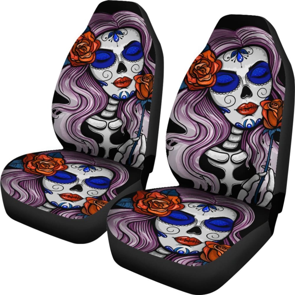 2 Pcs Sugar Skull Car Seat Covers for Women - Gothic Floral Design, Universal Fit for Most Vehicles - Perfect for Day of the Dead Decor & Biker Accessories