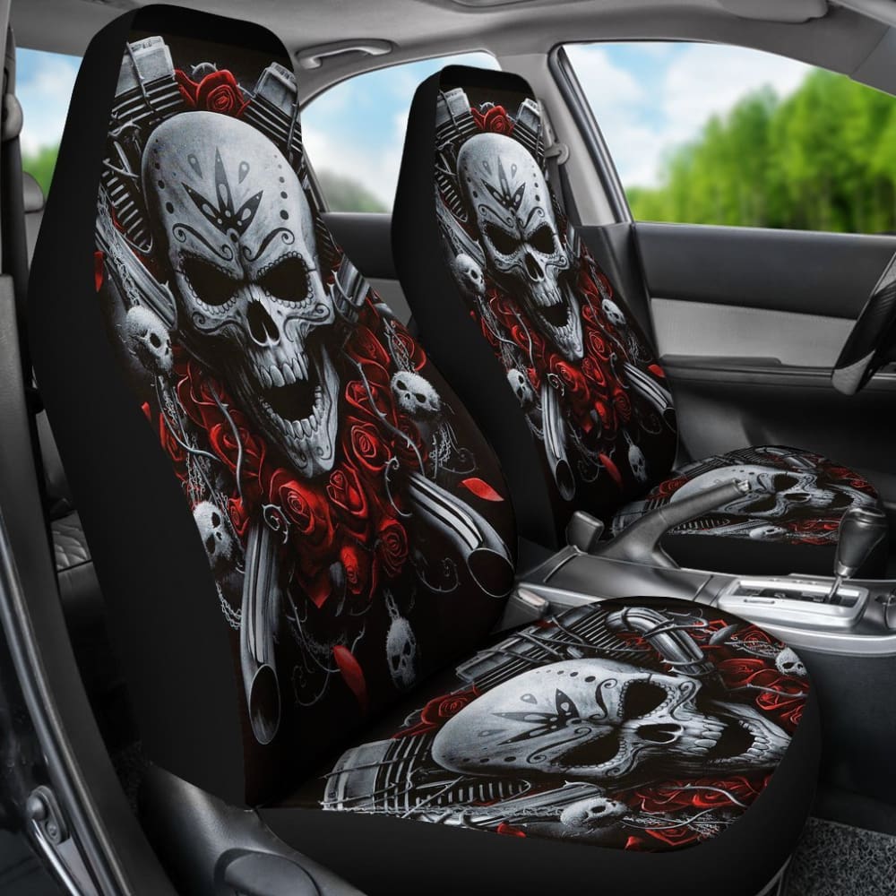 2 Pcs Gothic Biker Skull Car Seat Covers - Black Motorcycle Style Seat Protectors for Cars, Trucks & SUVs - Perfect for Biker Enthusiasts & Gothic Decor Lovers