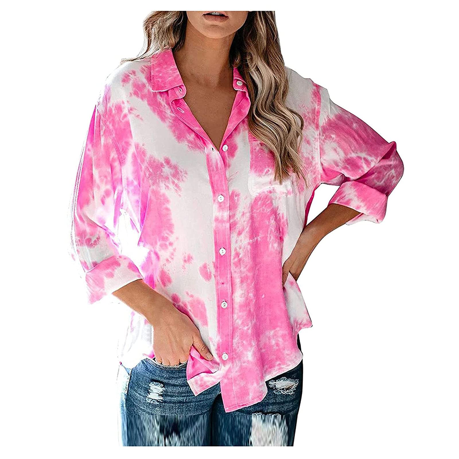 Women's Printed Tie-Dye Chiffon Tunic Top - Long Sleeve Casual Button Down Shirt for Women | Perfect for Office Wear, Date Nights & Summer Outfits
